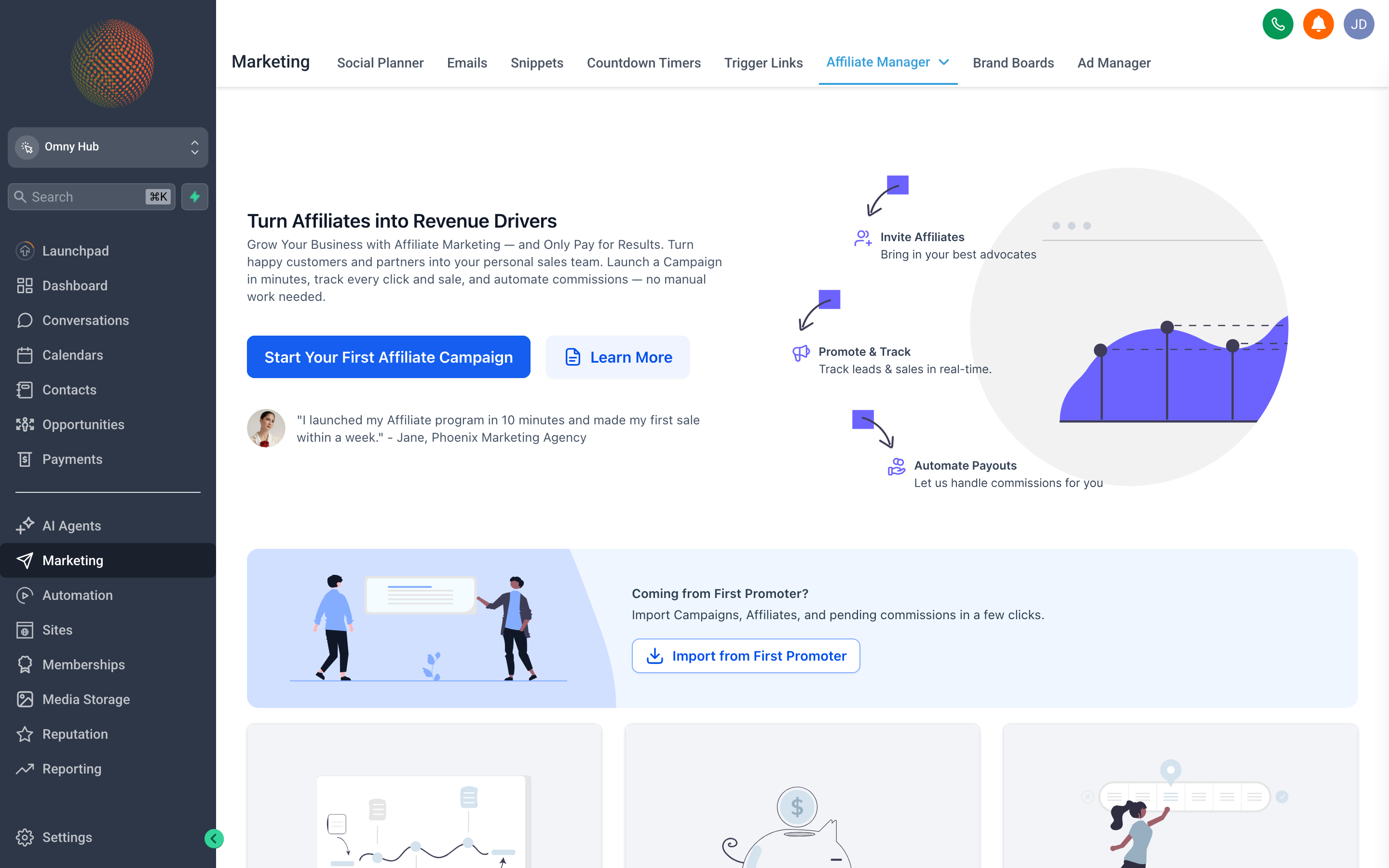 The Affiliate Manager dashboard showing affiliate accounts with their unique referral links, commission rates, conversion counts, and payout totals