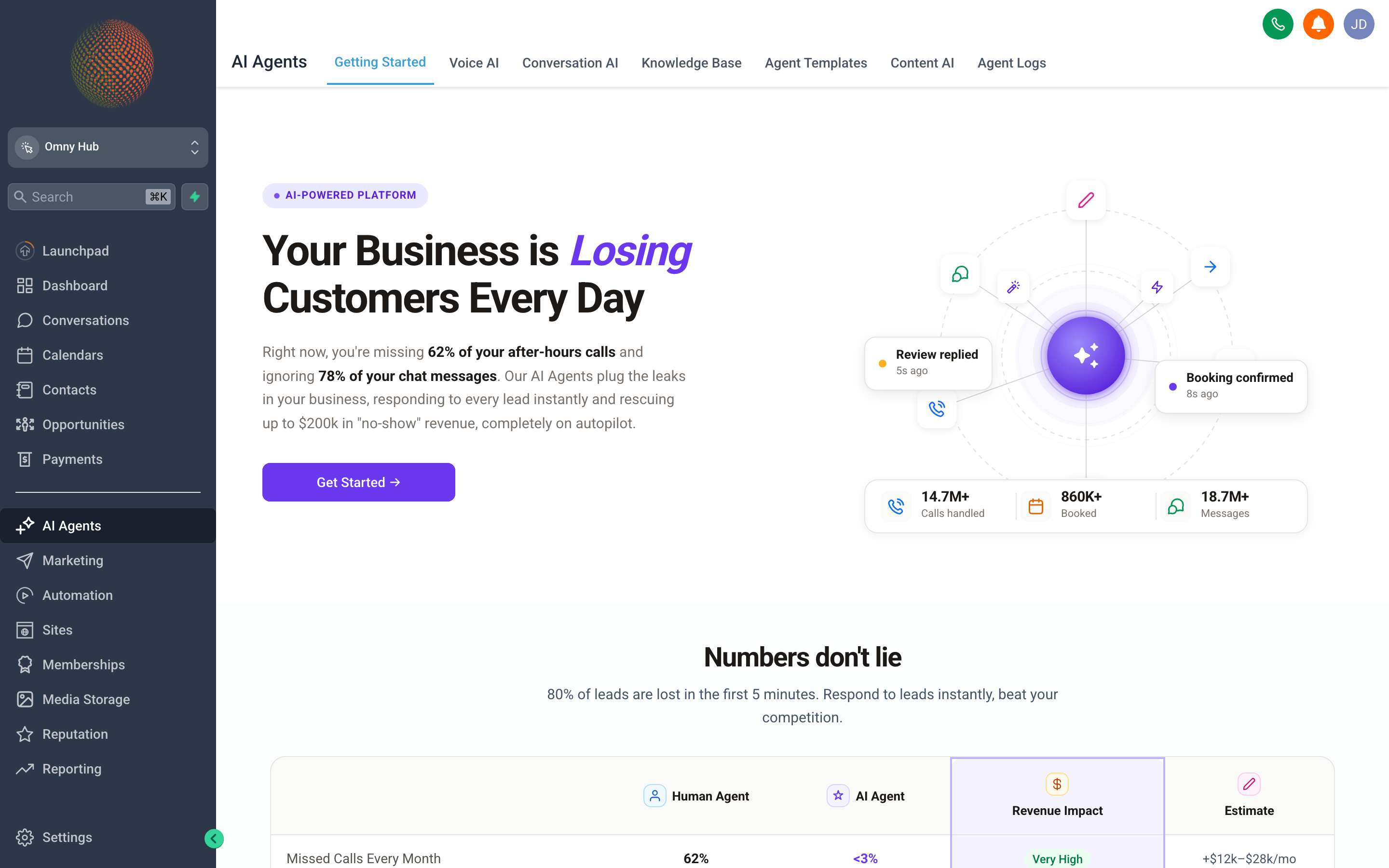 The AI Agents overview screen showing Conversation AI and Voice AI options with their configuration status