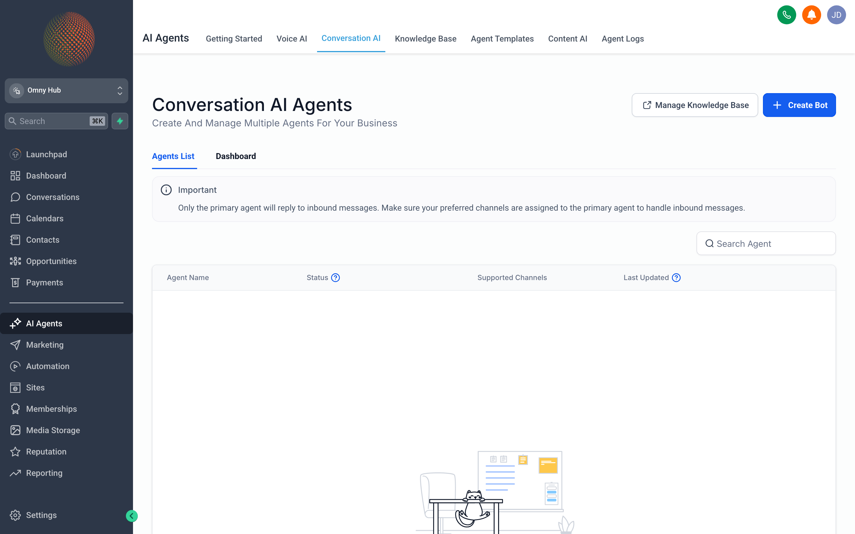 The Conversation AI configuration screen showing the bot persona, knowledge base, and channel toggles