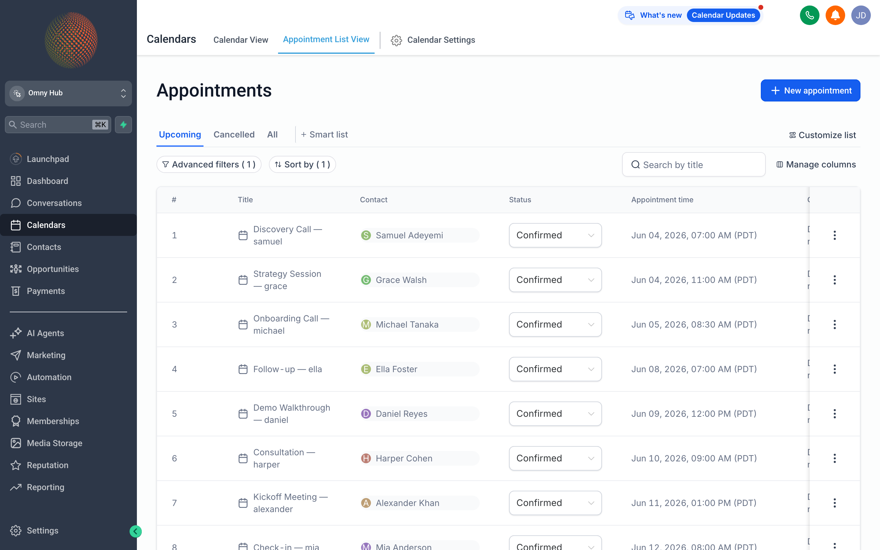 The Omny Hub Appointments list showing a sortable table of bookings with columns for contact name, date, calendar, and status