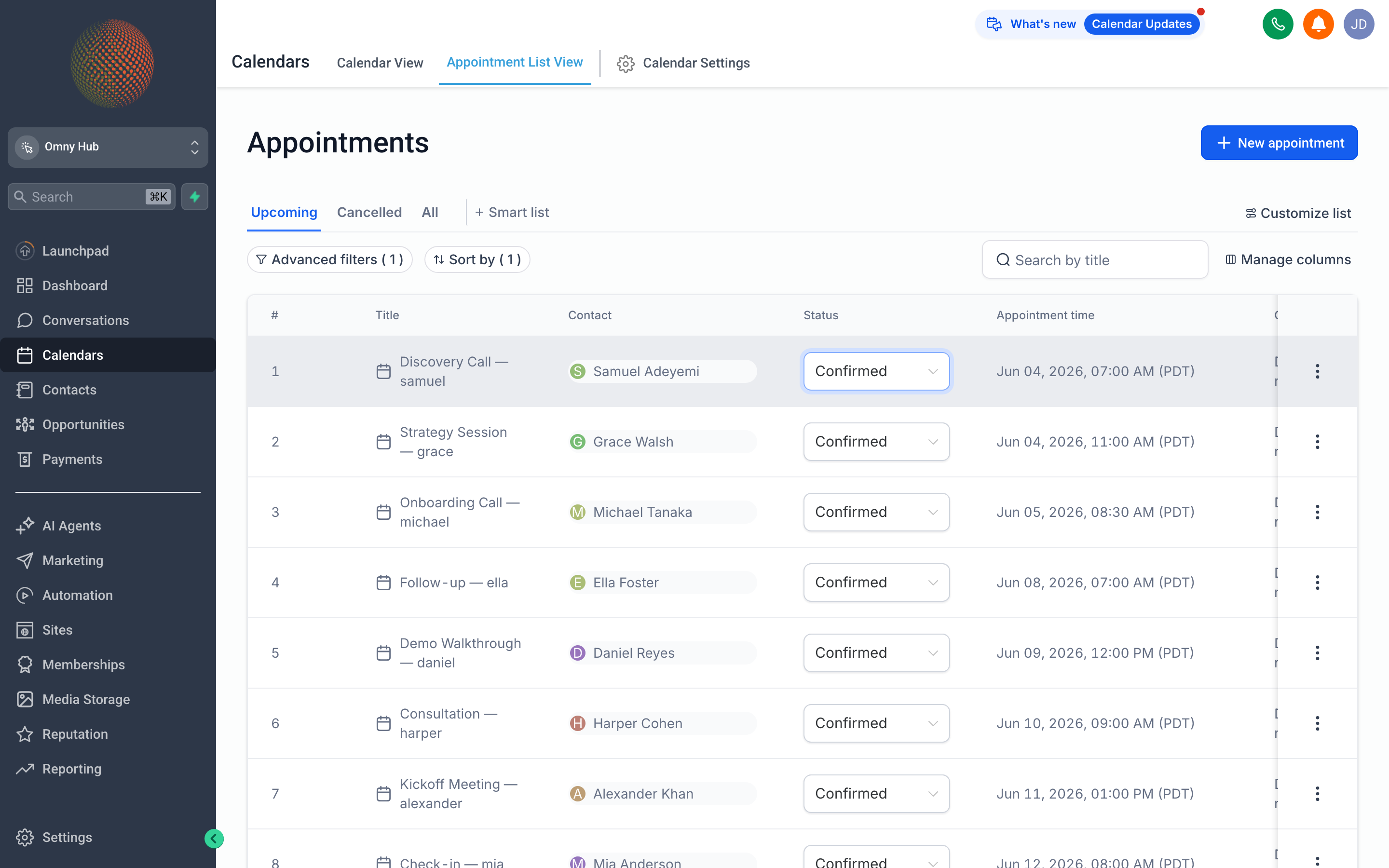Appointment detail panel showing the contact name, date and time, calendar, status dropdown, and internal notes