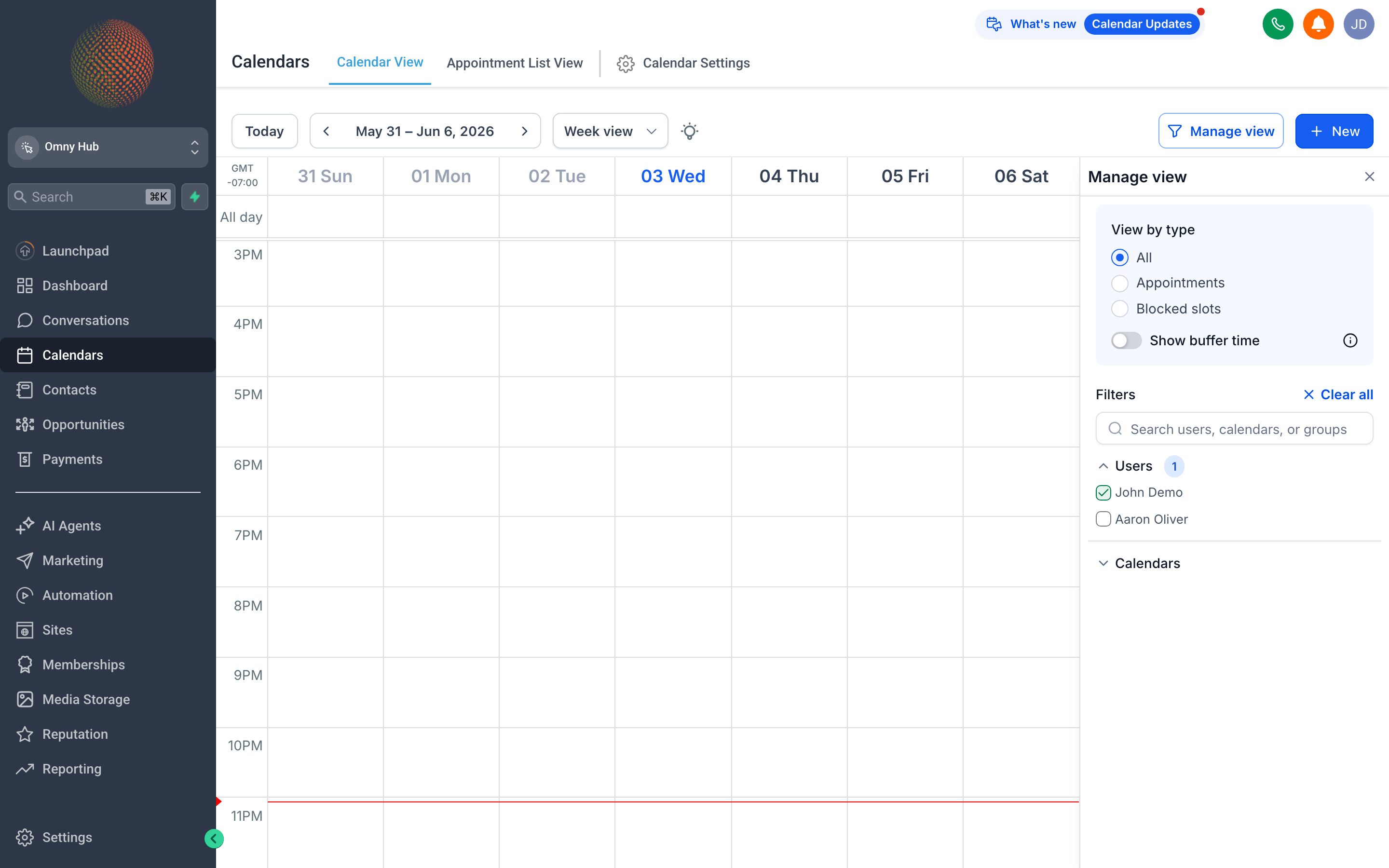 The Omny Hub Calendars view showing a weekly calendar grid with color-coded appointment blocks