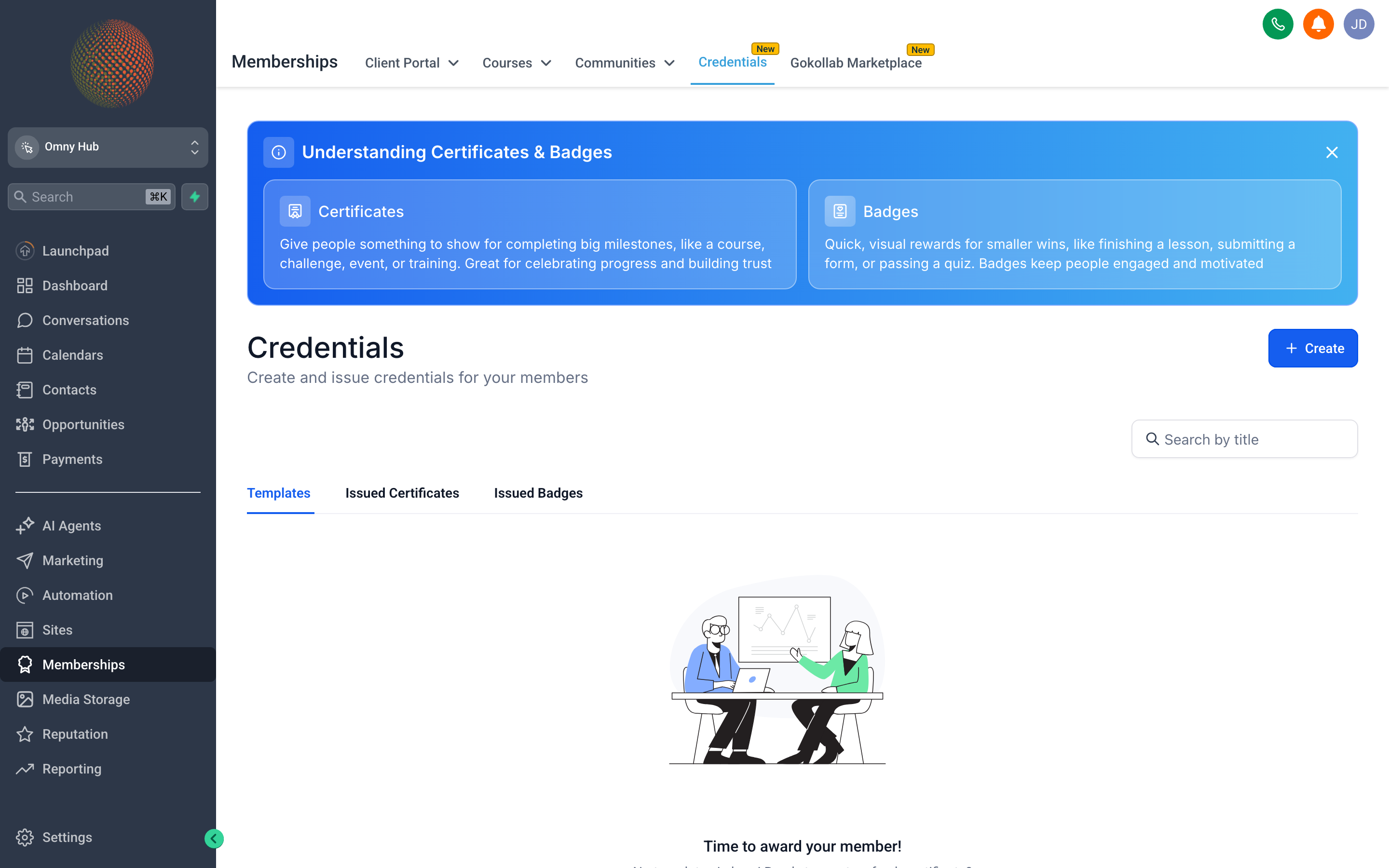 The Certificate builder showing a designed completion certificate with a student's name, course title, completion date, and a signature field, with customization options in the right panel
