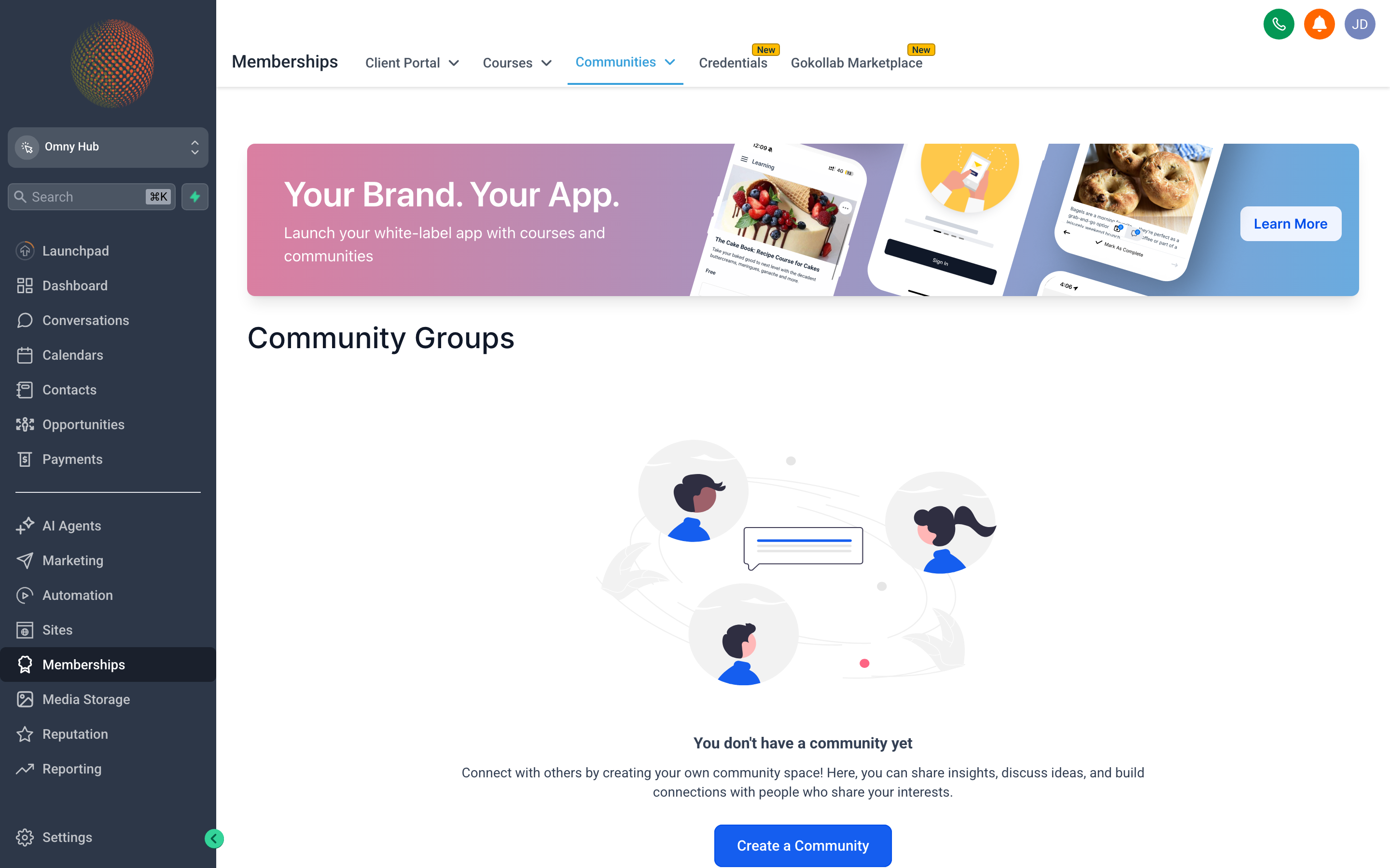 The Communities interface showing a branded group space with a feed of posts, a members list sidebar, and navigation tabs for channels, courses, and events