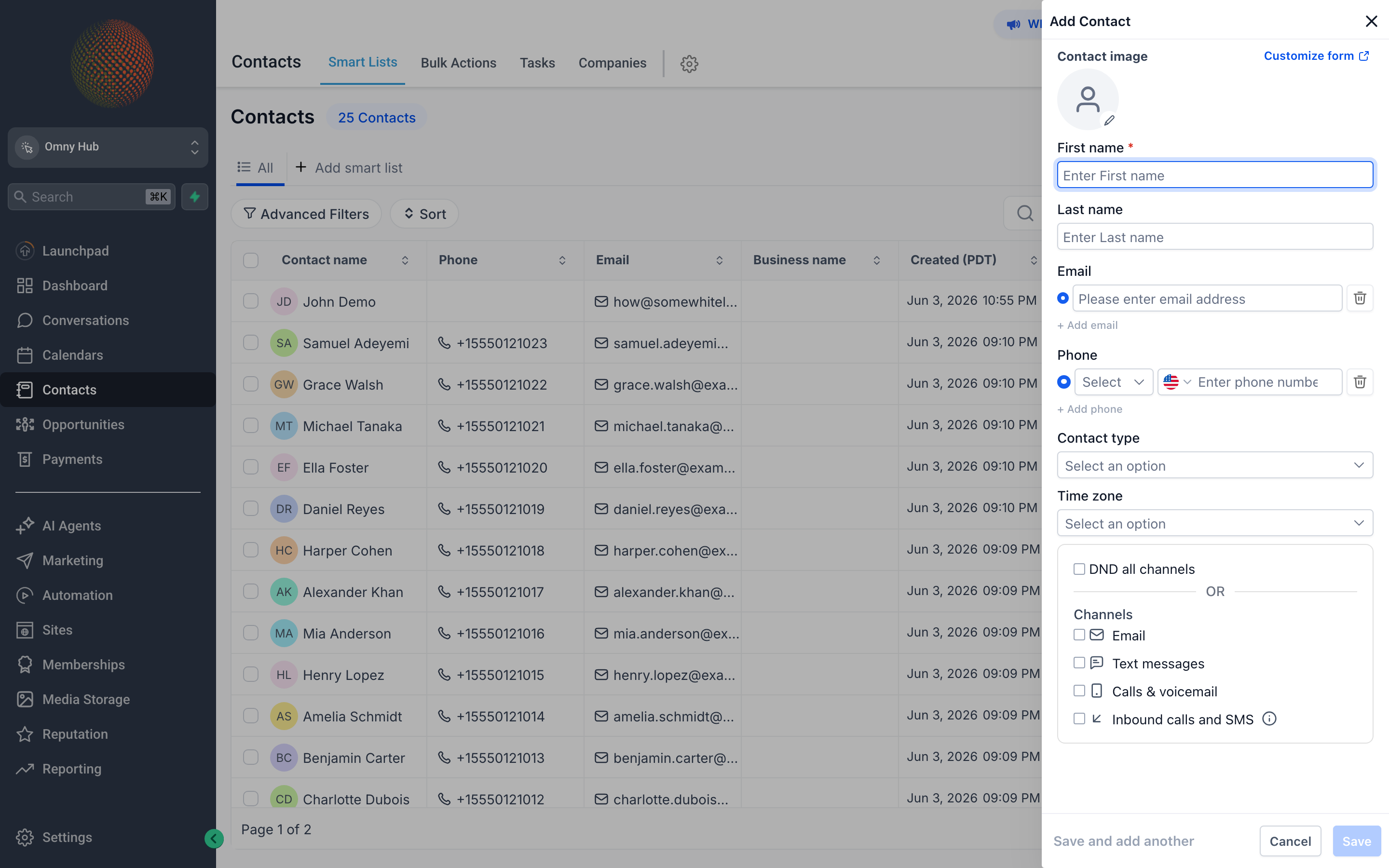 New Contact form panel with fields for name, phone, email, tags, and additional details