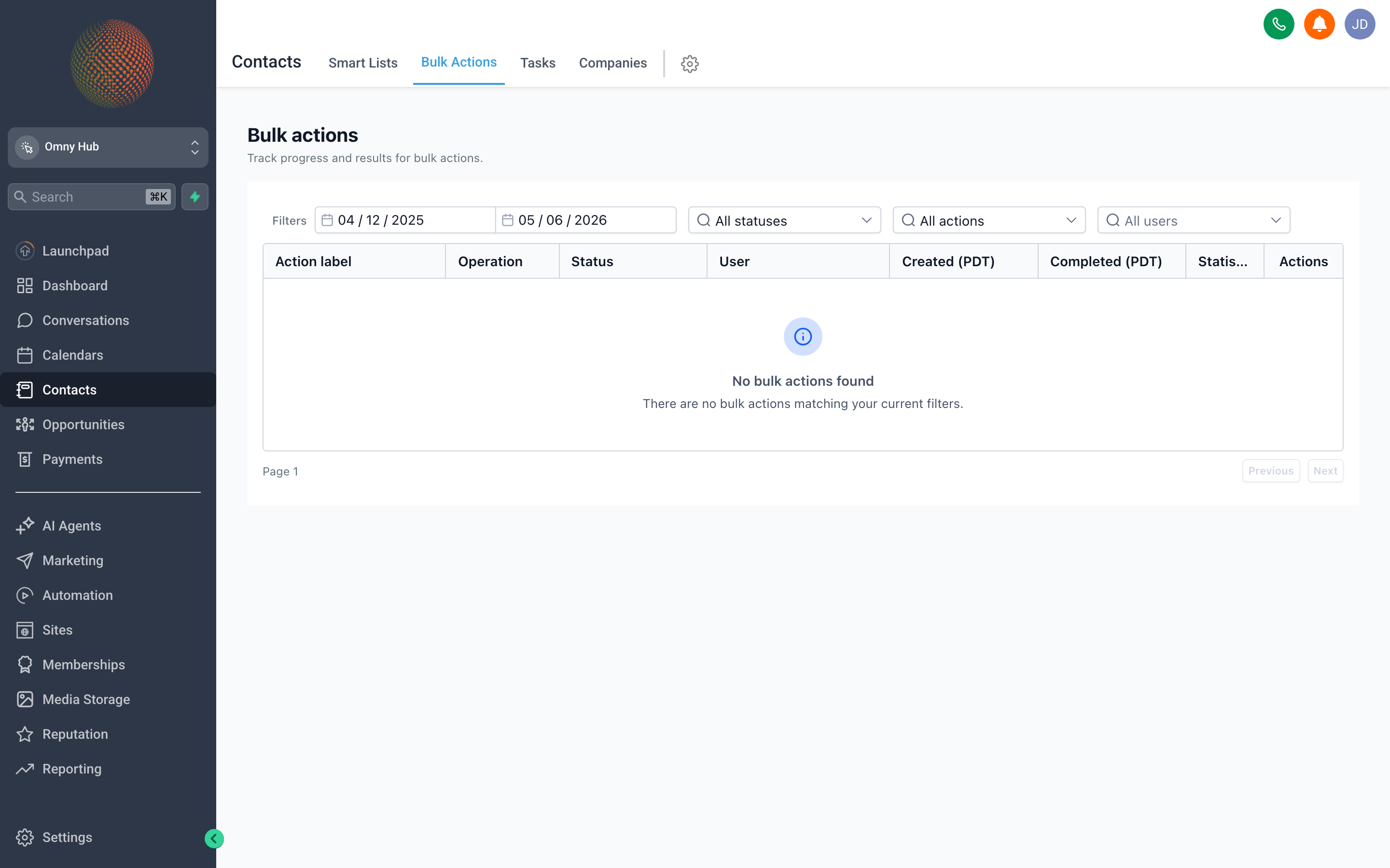 The Contacts list with multiple contacts selected via checkboxes, and the Bulk Actions menu open showing options to tag, export, add to workflow, or delete