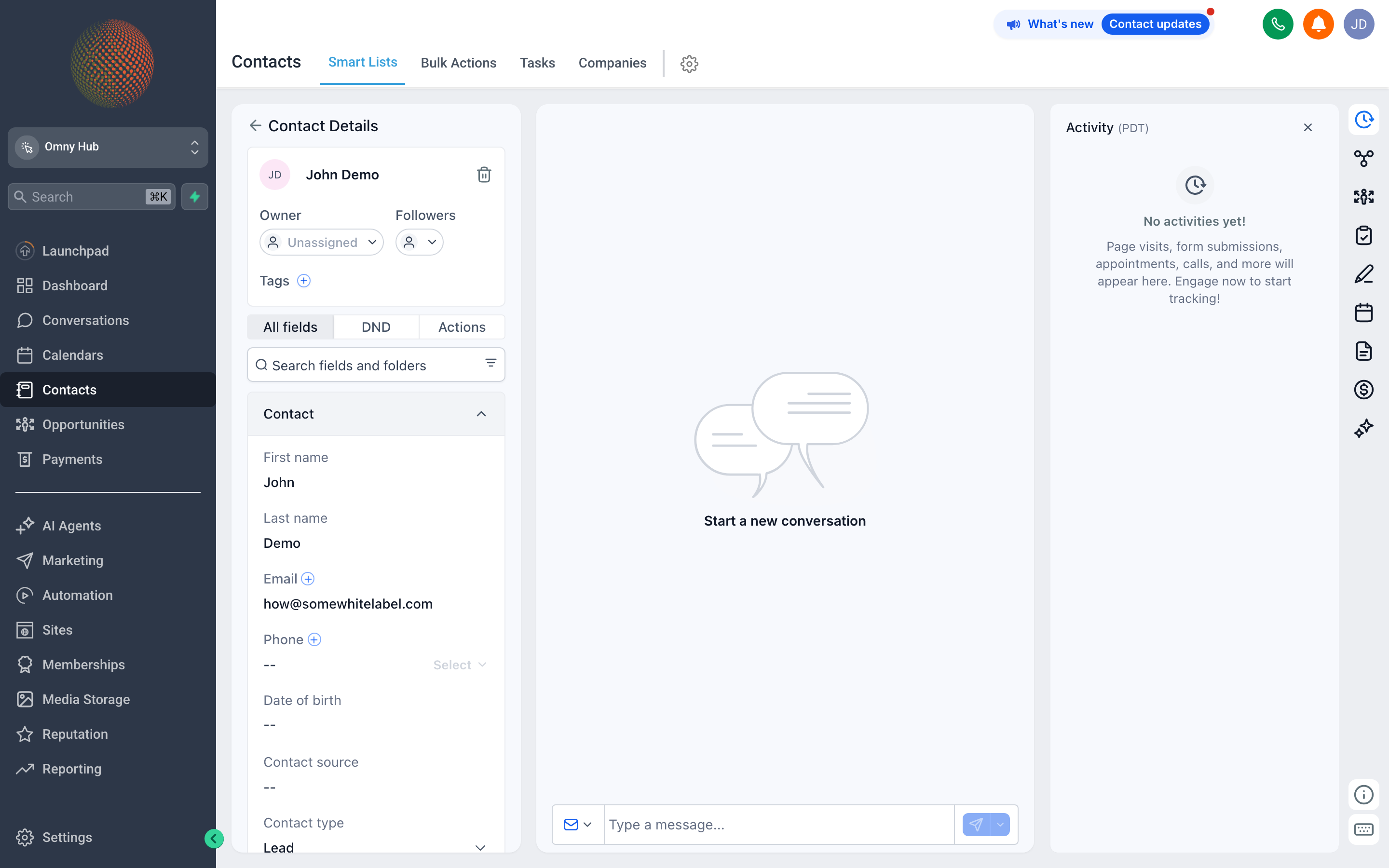 Full contact detail view showing profile fields, activity timeline, tags, opportunities, and conversation history