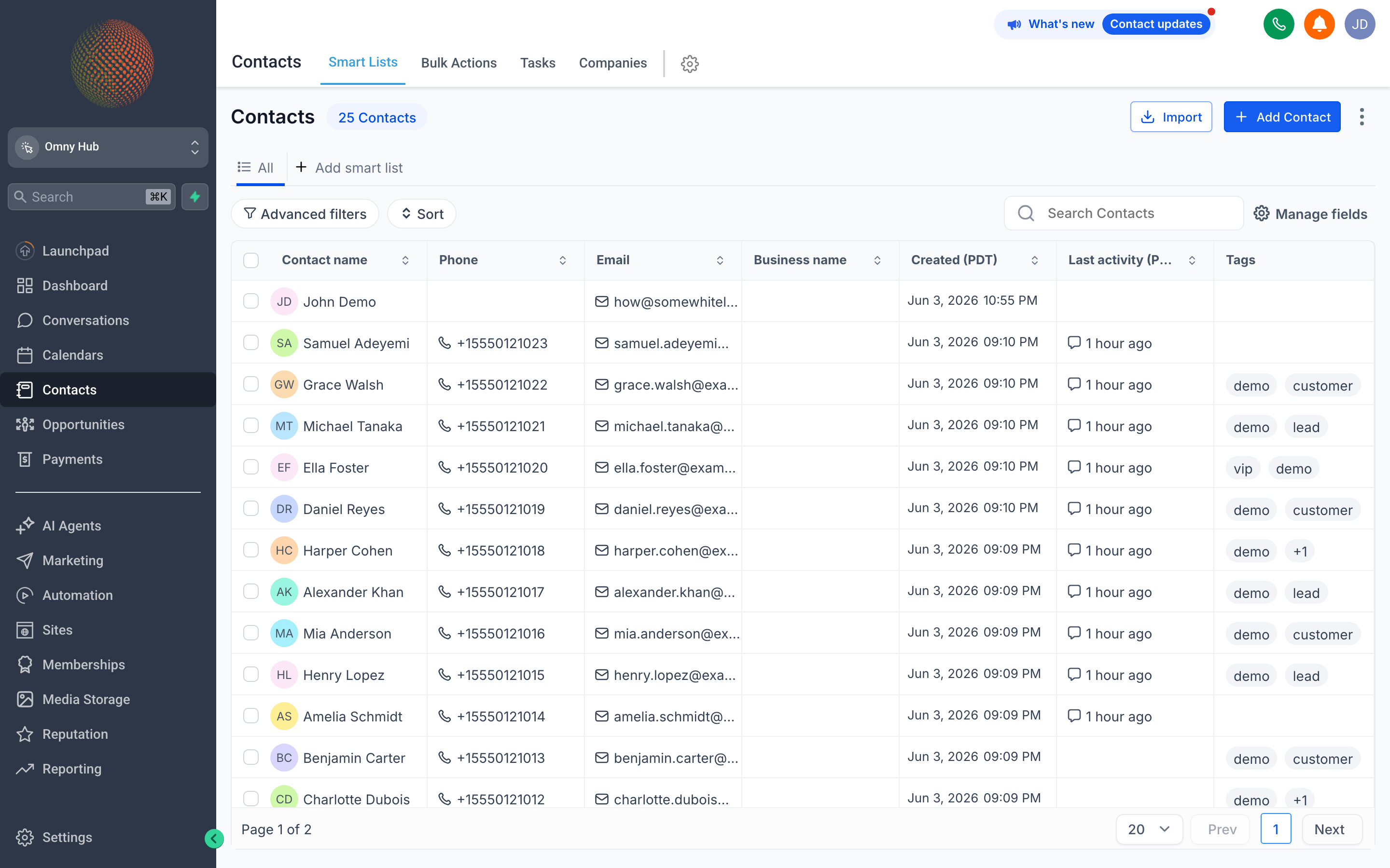 The Contacts list view showing a table of contacts with columns for name, phone, email, tags, and lead source
