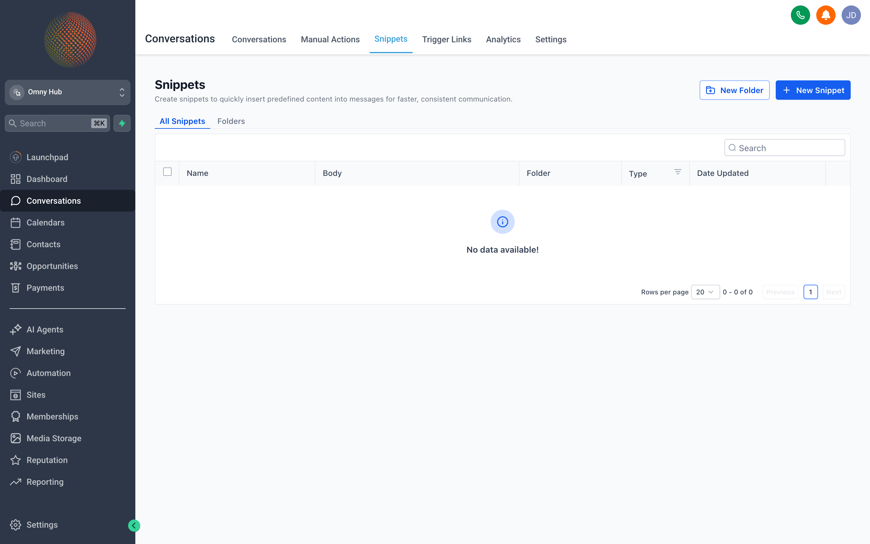 The Snippets panel open inside a conversation, showing a list of saved reply templates ready to insert