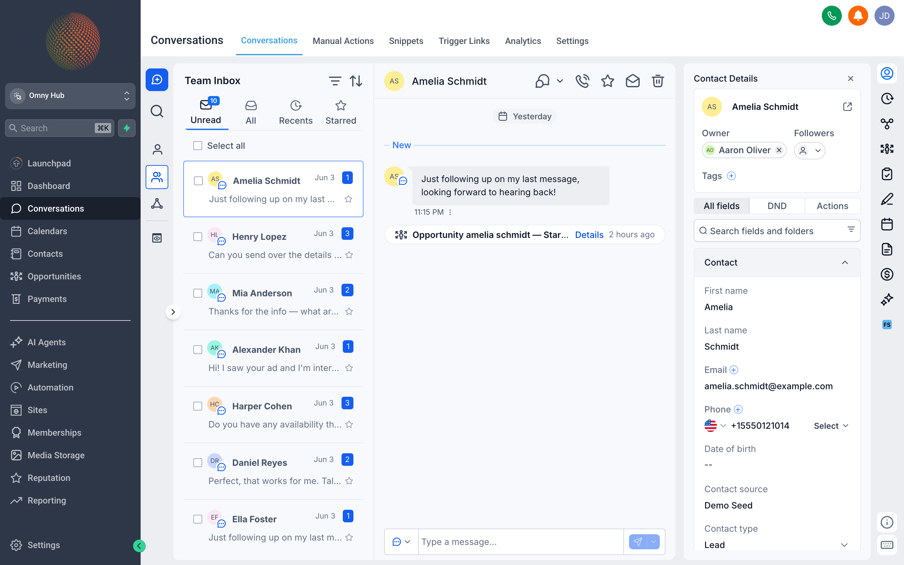 The Conversations inbox showing a list of message threads on the left and an open thread with a reply box on the right