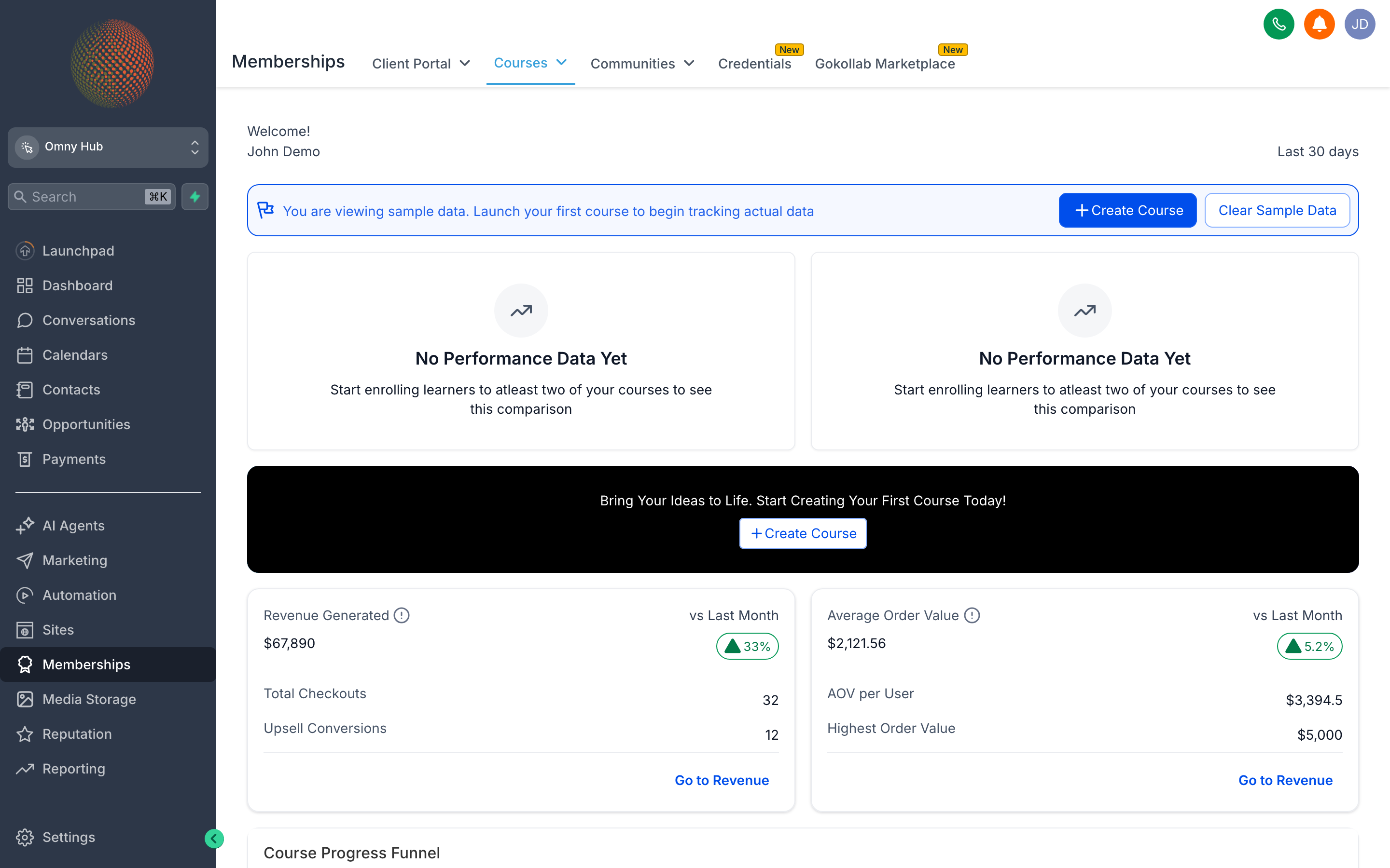 The Memberships hub showing a course library with published and draft courses, a Communities section, and a Certificates tab