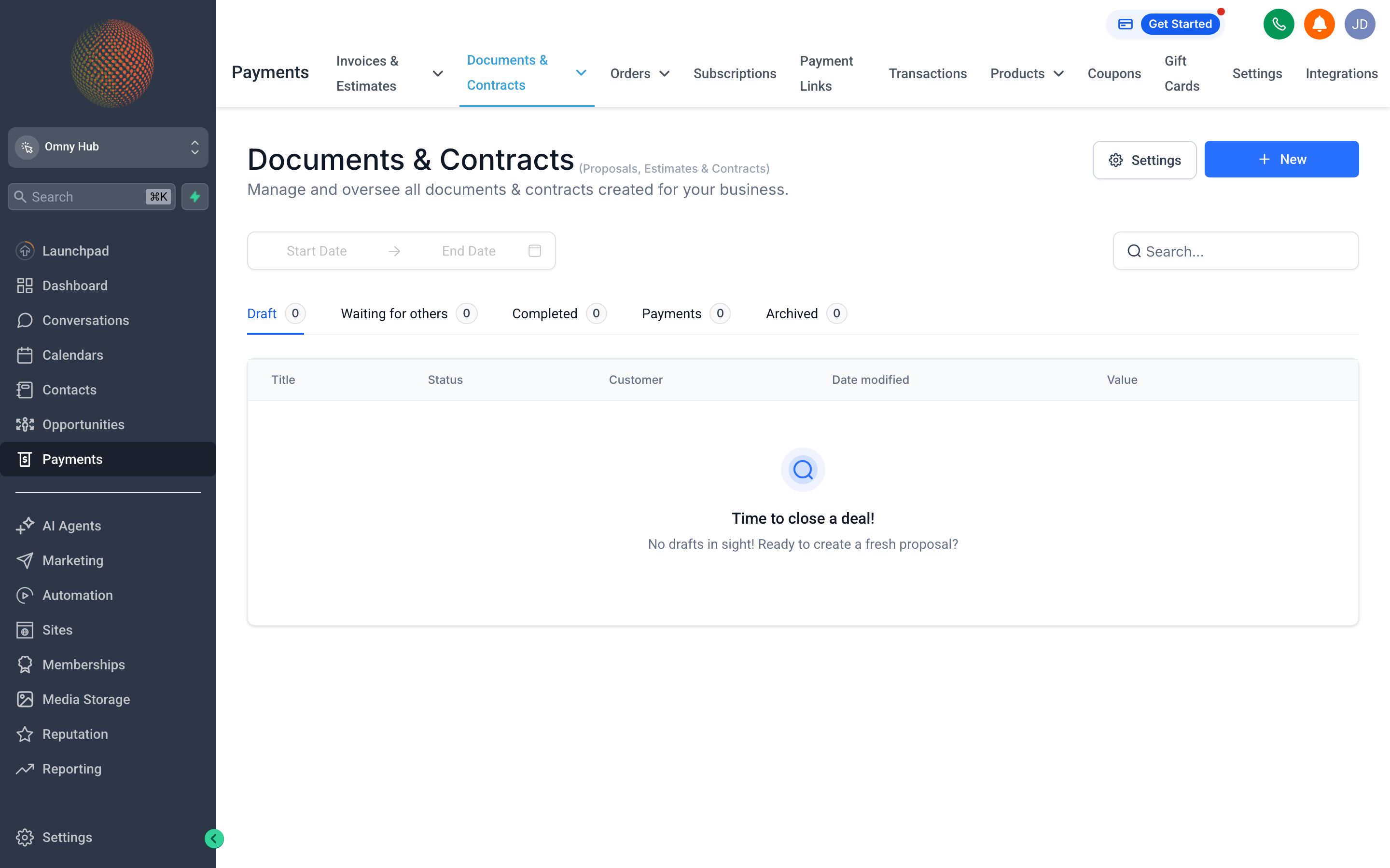 The Documents and Contracts screen showing a list of proposals and contracts with e-signature status