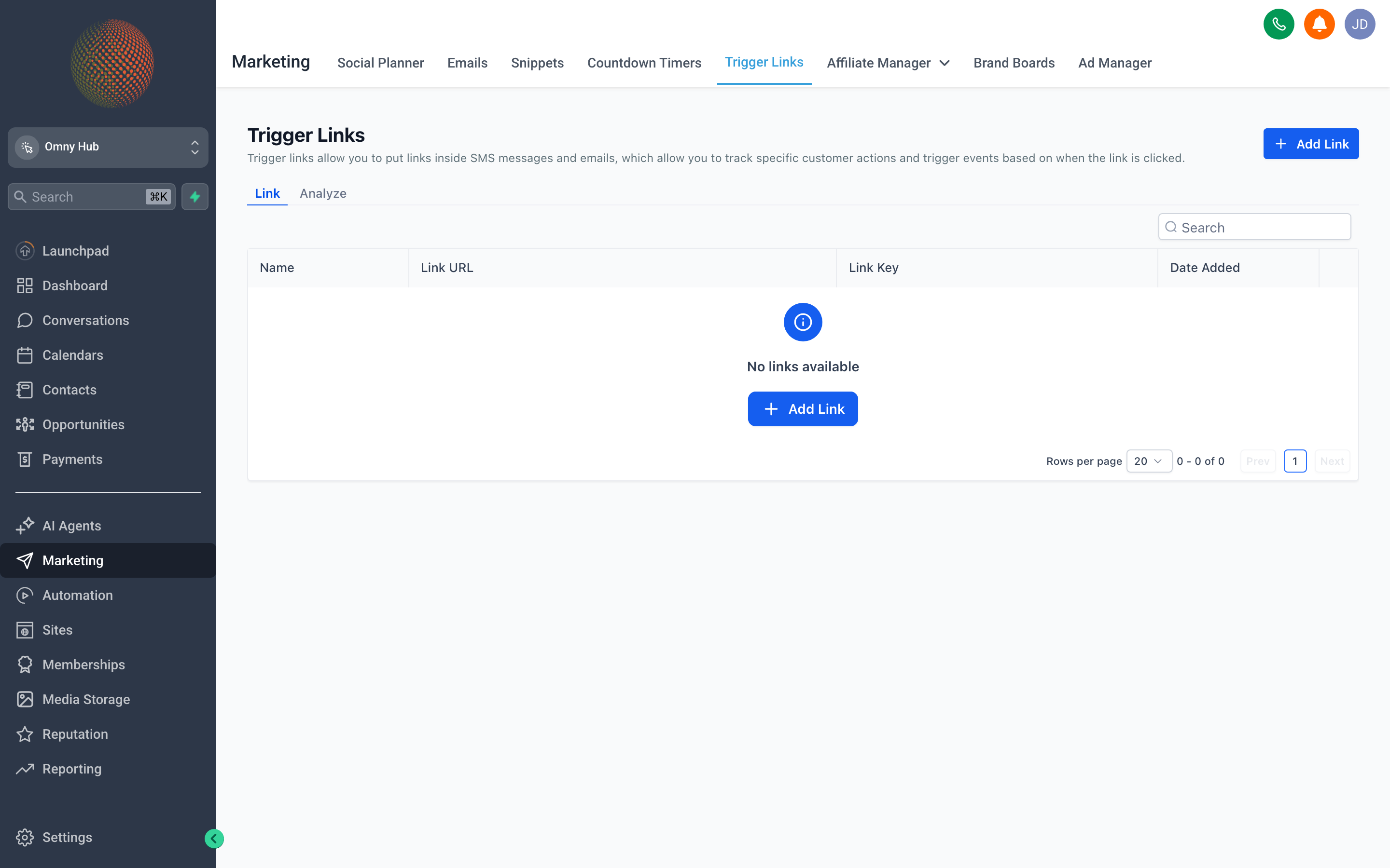 The Trigger Links manager showing a list of trackable links with their target URLs, associated workflows, and click counts