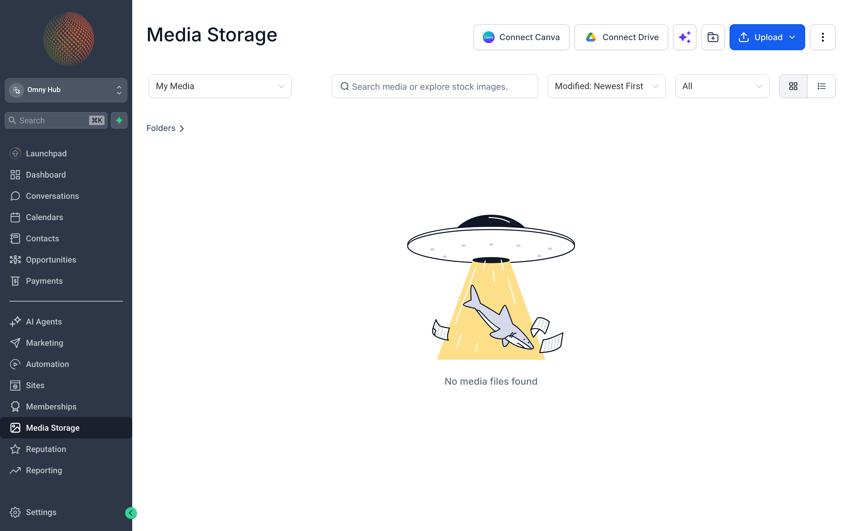 The Media Storage library showing a grid of uploaded images and videos organized into folders, with an upload button and search bar at the top