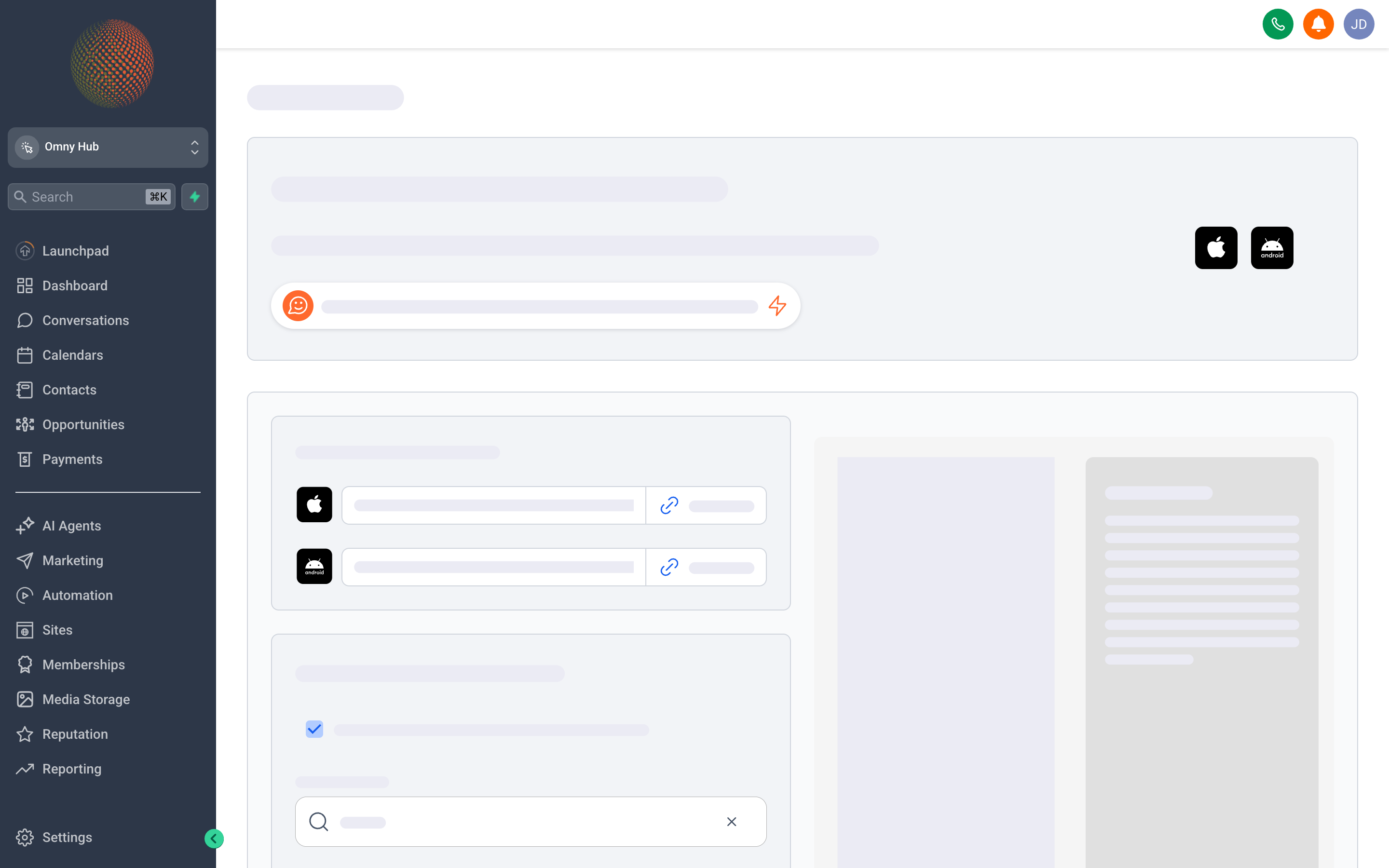 The mobile app home screen showing a conversations inbox, contact quick-actions, upcoming appointments, and a notification badge for new leads