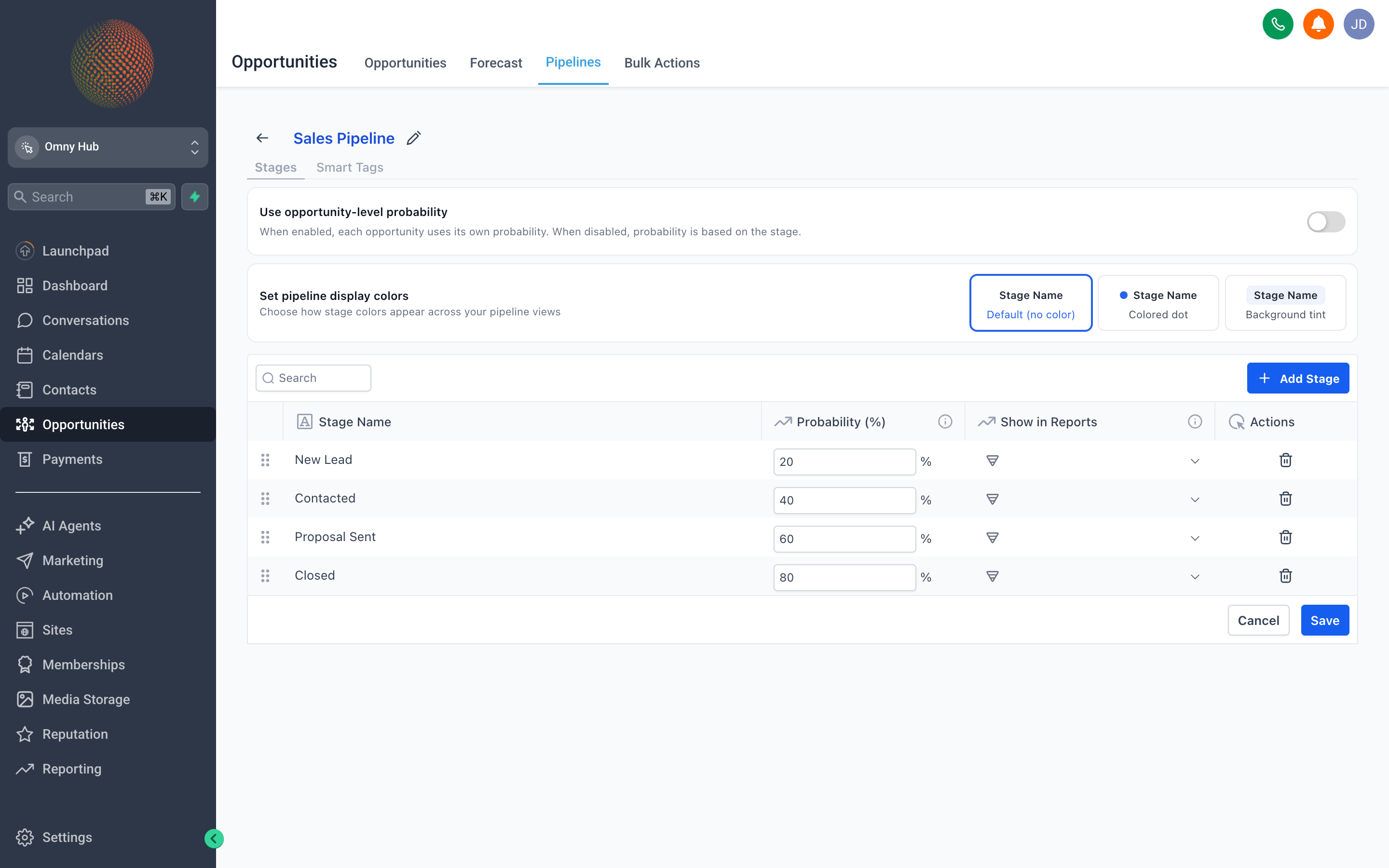 Pipeline stage settings showing display-color options, per-stage probability, and report-visibility toggles