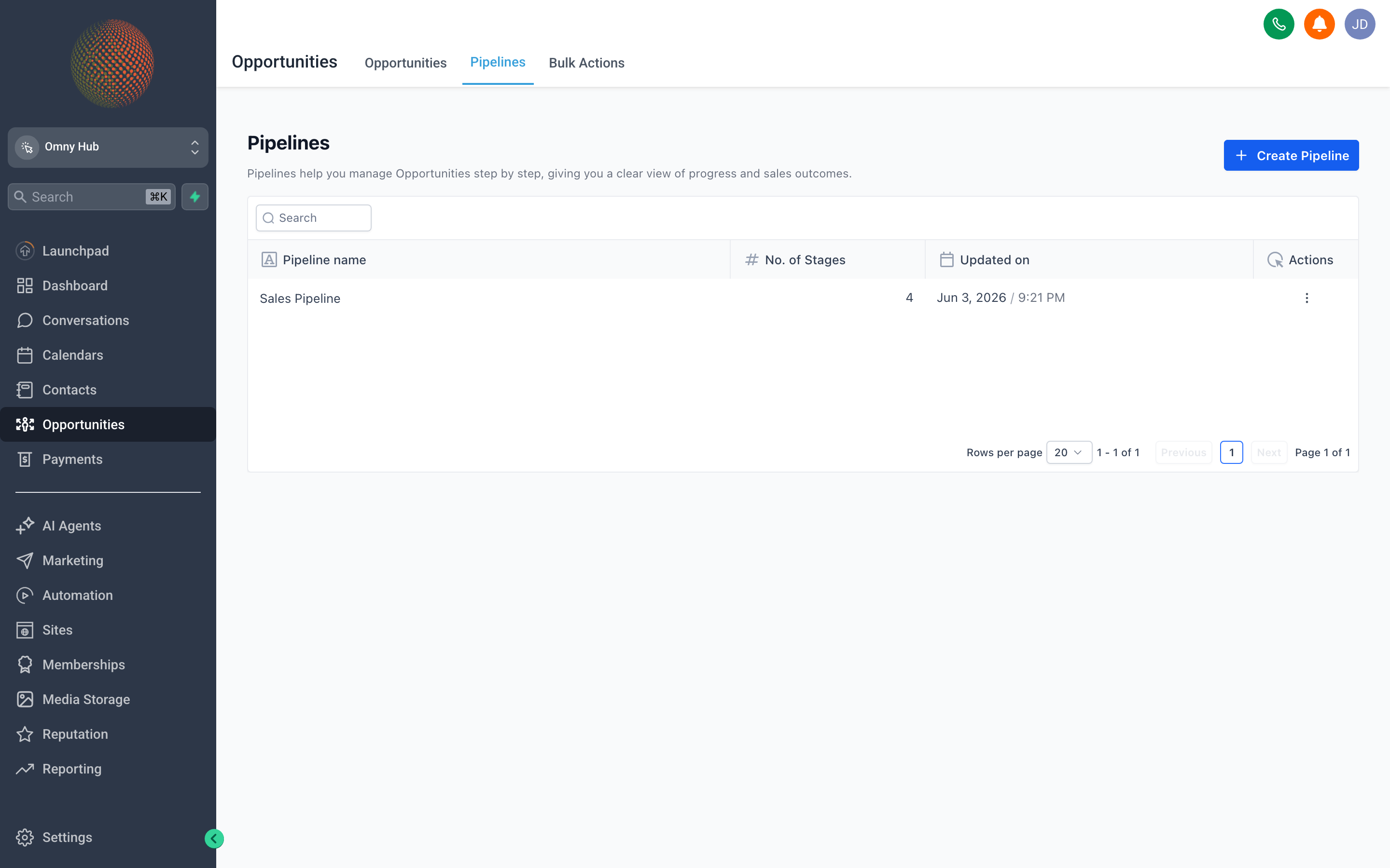 The Omny Hub pipeline settings screen showing a list of pipelines and their editable stage names