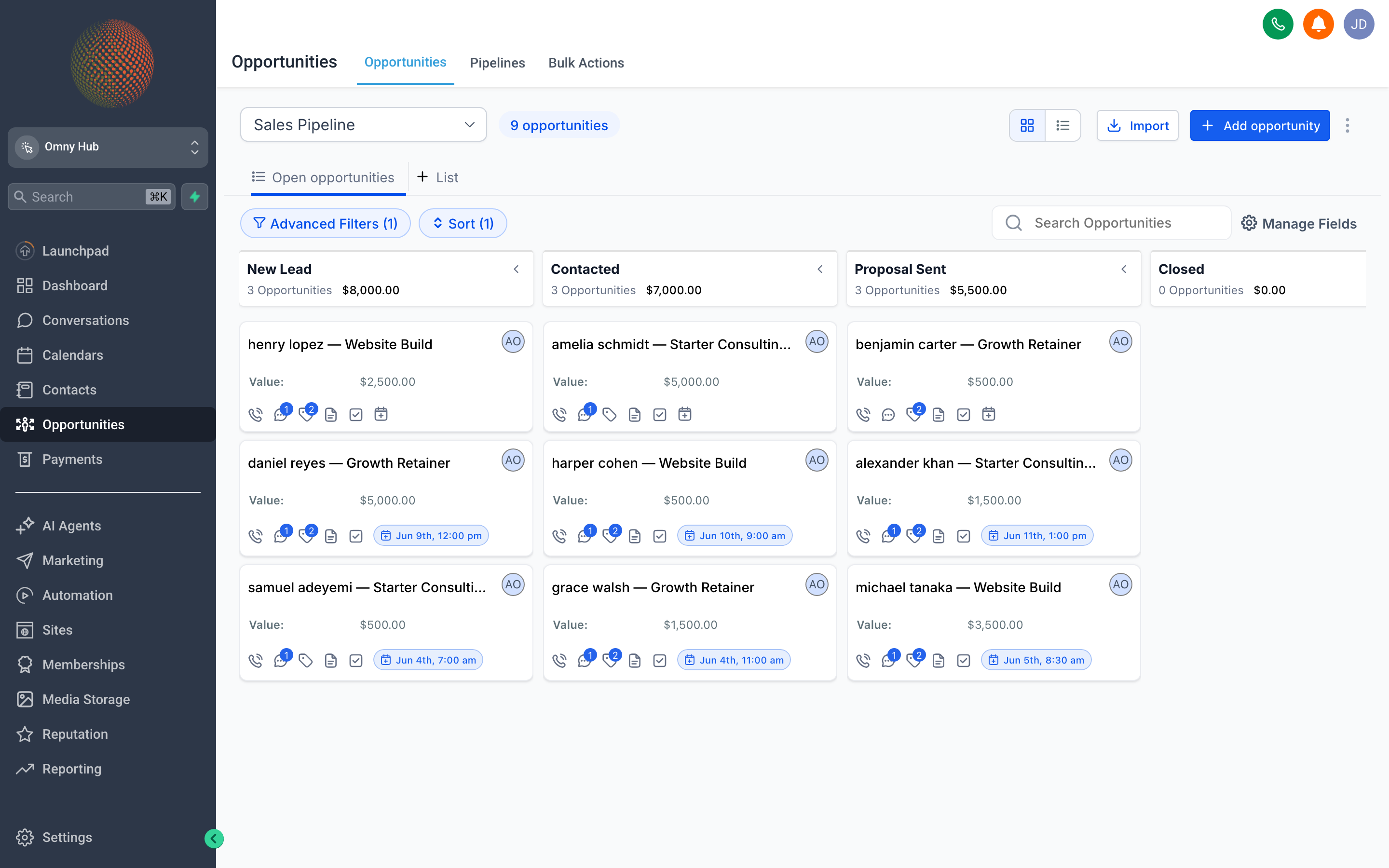 The Omny Hub Opportunities screen showing a Kanban pipeline board with deal cards in stage columns
