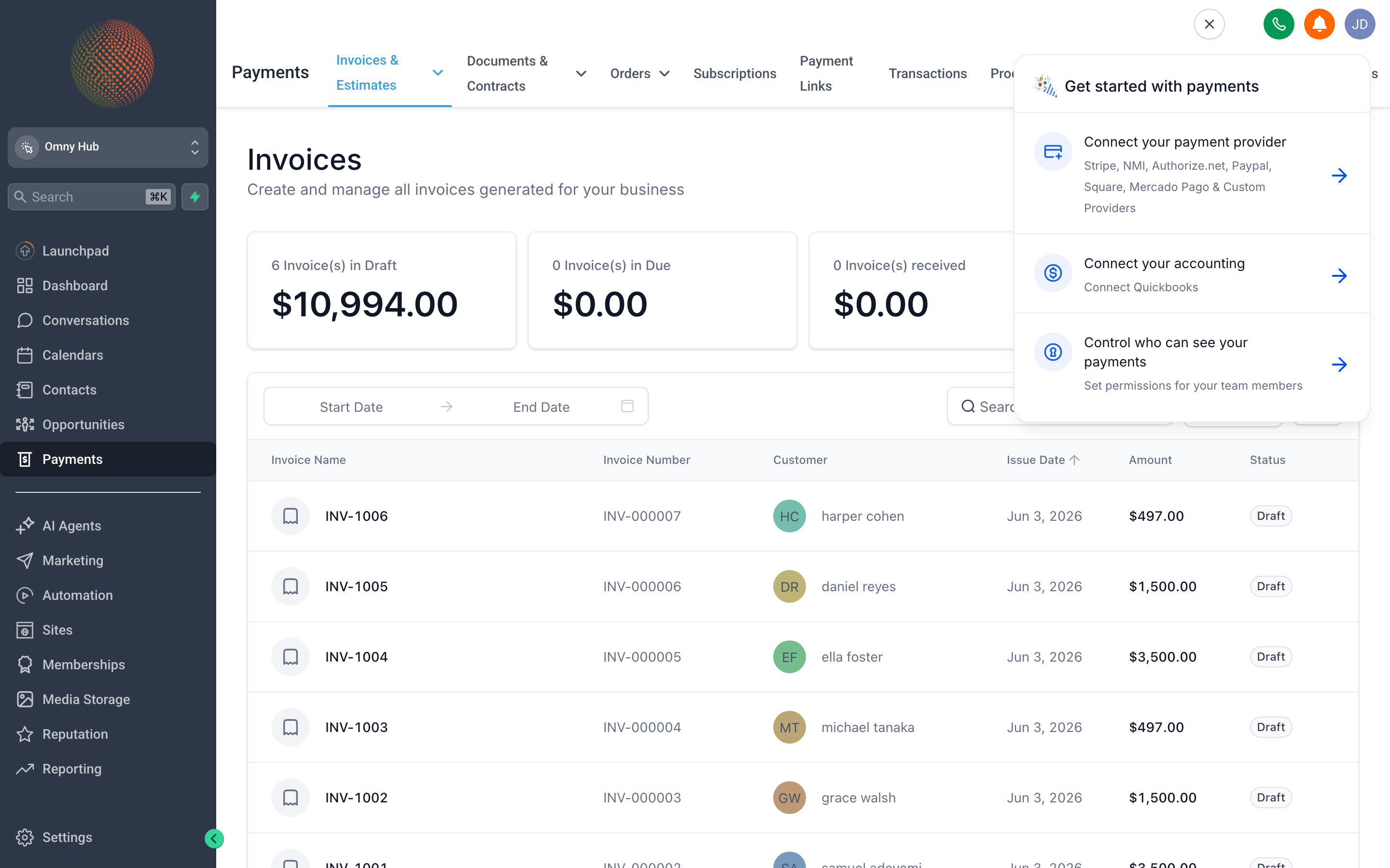 The Payments overview screen showing the Invoices tab with a list of draft, sent, and paid invoices