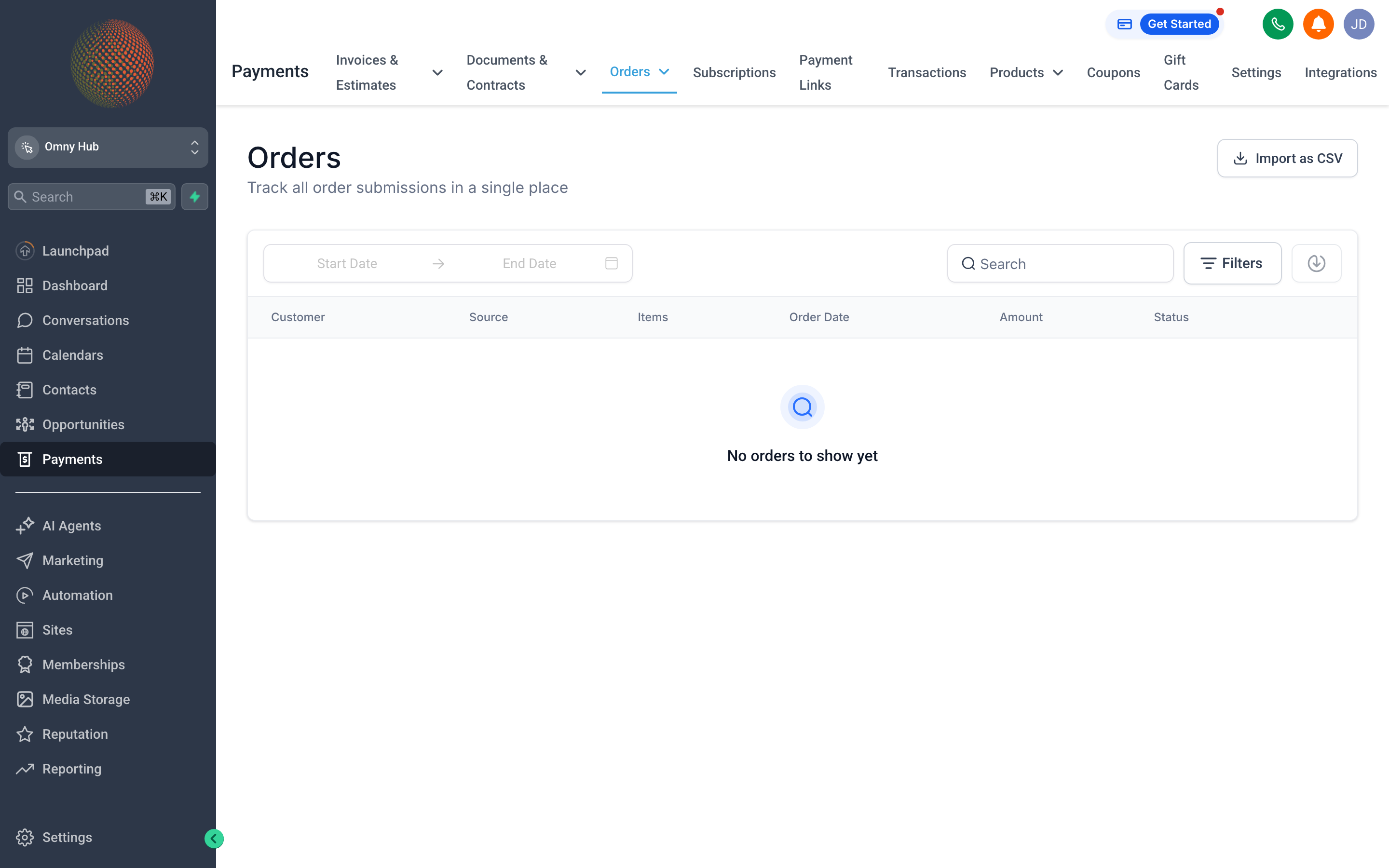 The Orders tab showing a list of completed purchases with contact names, products, and totals