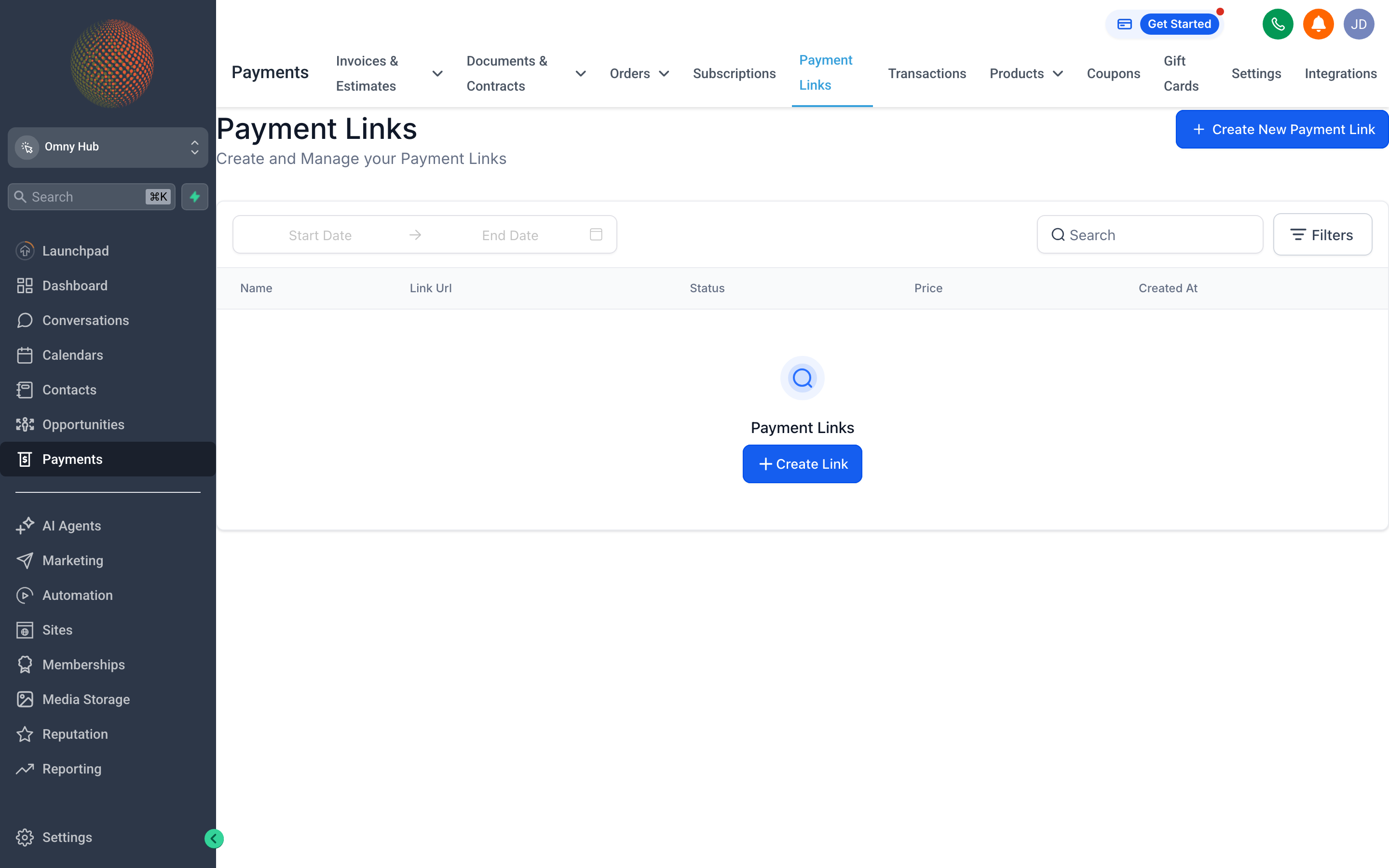 A payment link configuration screen showing a product selection and shareable URL