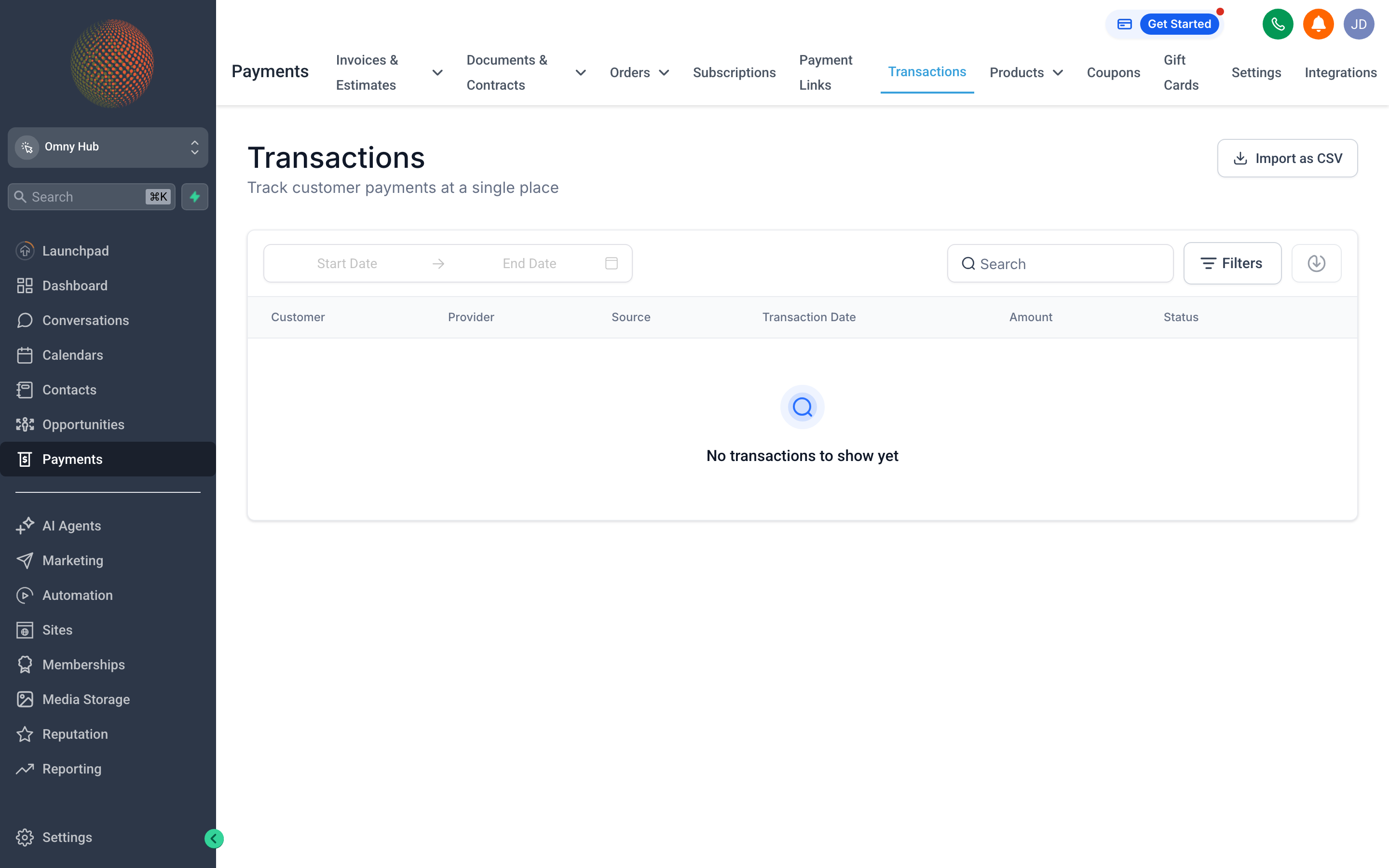 The Transactions tab showing a detailed ledger of money in and out across all payment methods