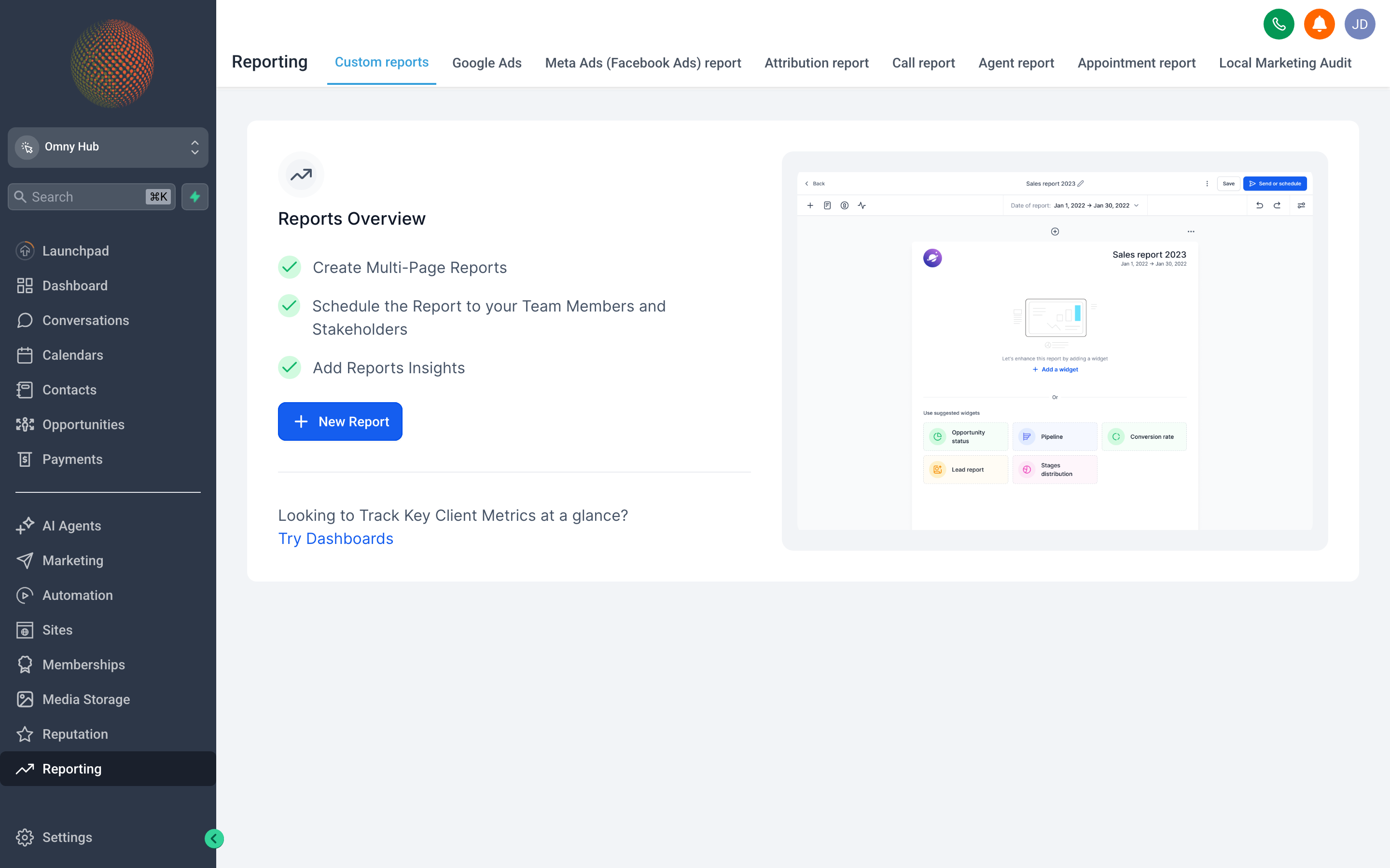 The Reporting hub overview showing summary cards for appointments, pipeline revenue, and conversion rate, with a date range selector and navigation tabs for different report types