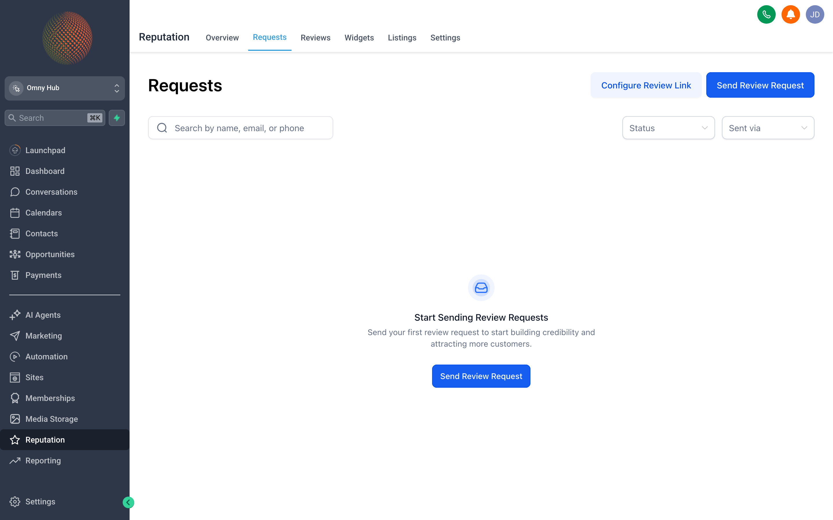 The Omny Hub Reputation review requests screen showing a contact search field, SMS and email channel options, and a send button