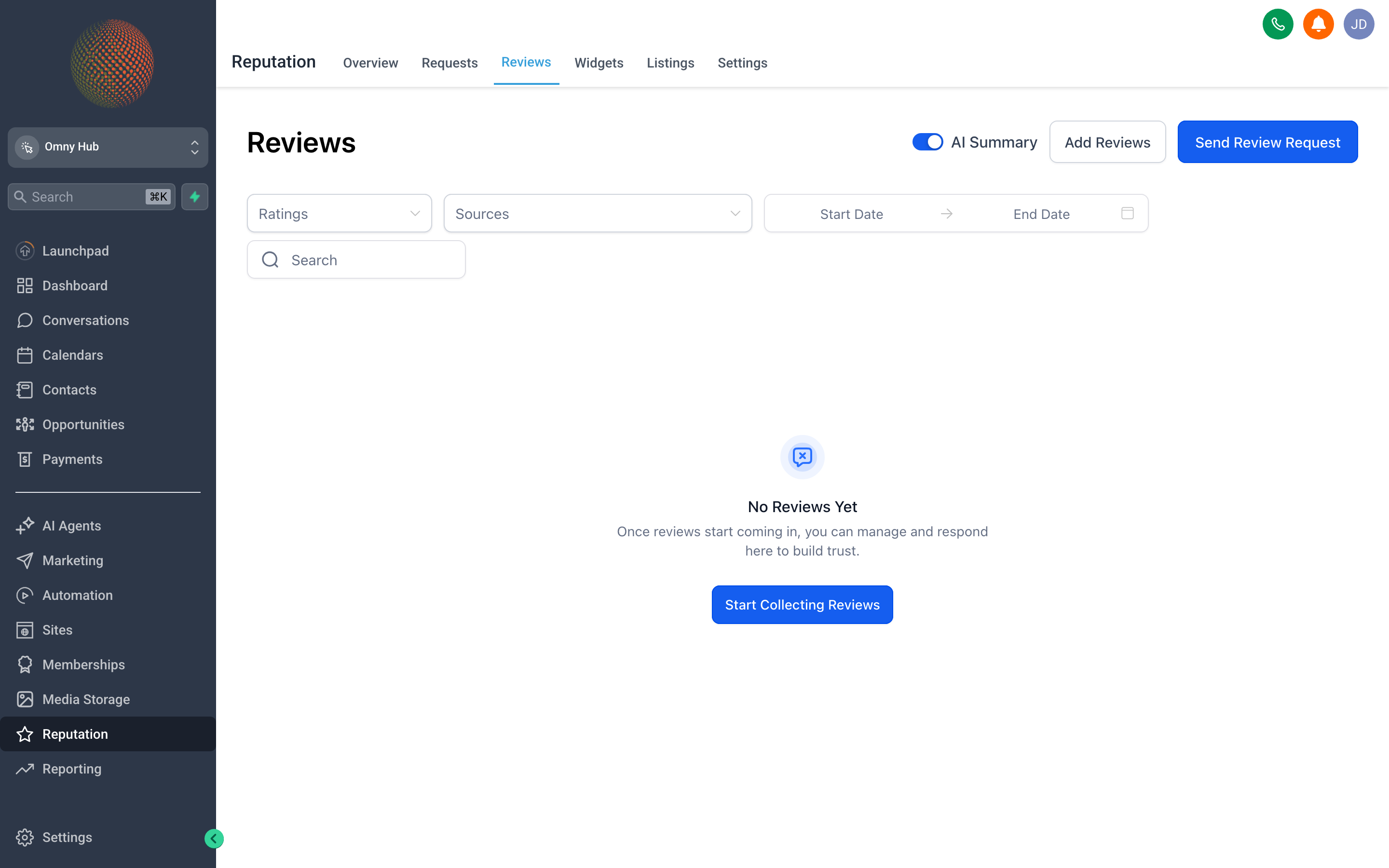 The Omny Hub Reputation reviews screen showing a list of incoming reviews with star ratings, review text, and reply fields