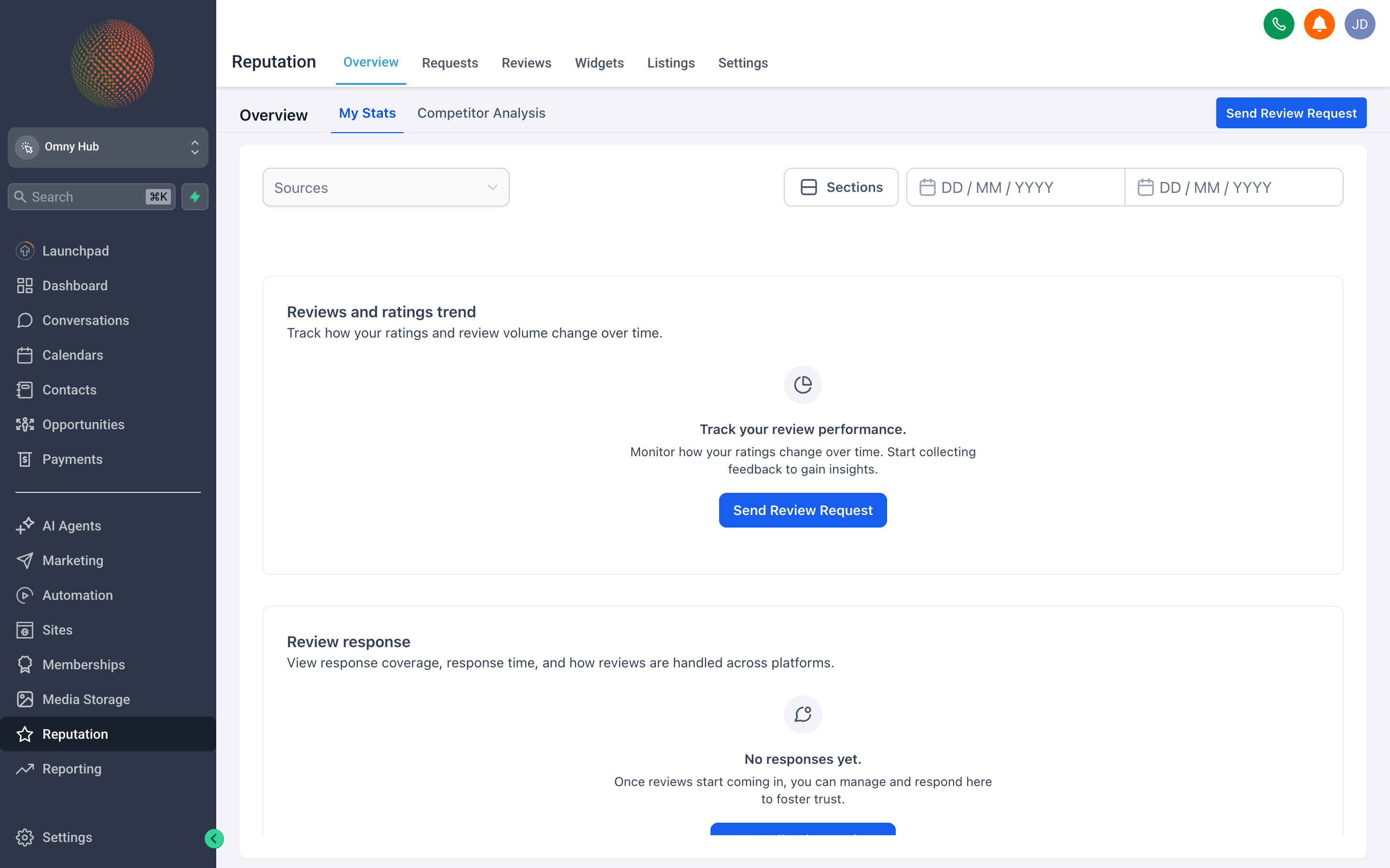 The Omny Hub Reputation overview dashboard showing overall star rating, total review count, and a breakdown by platform