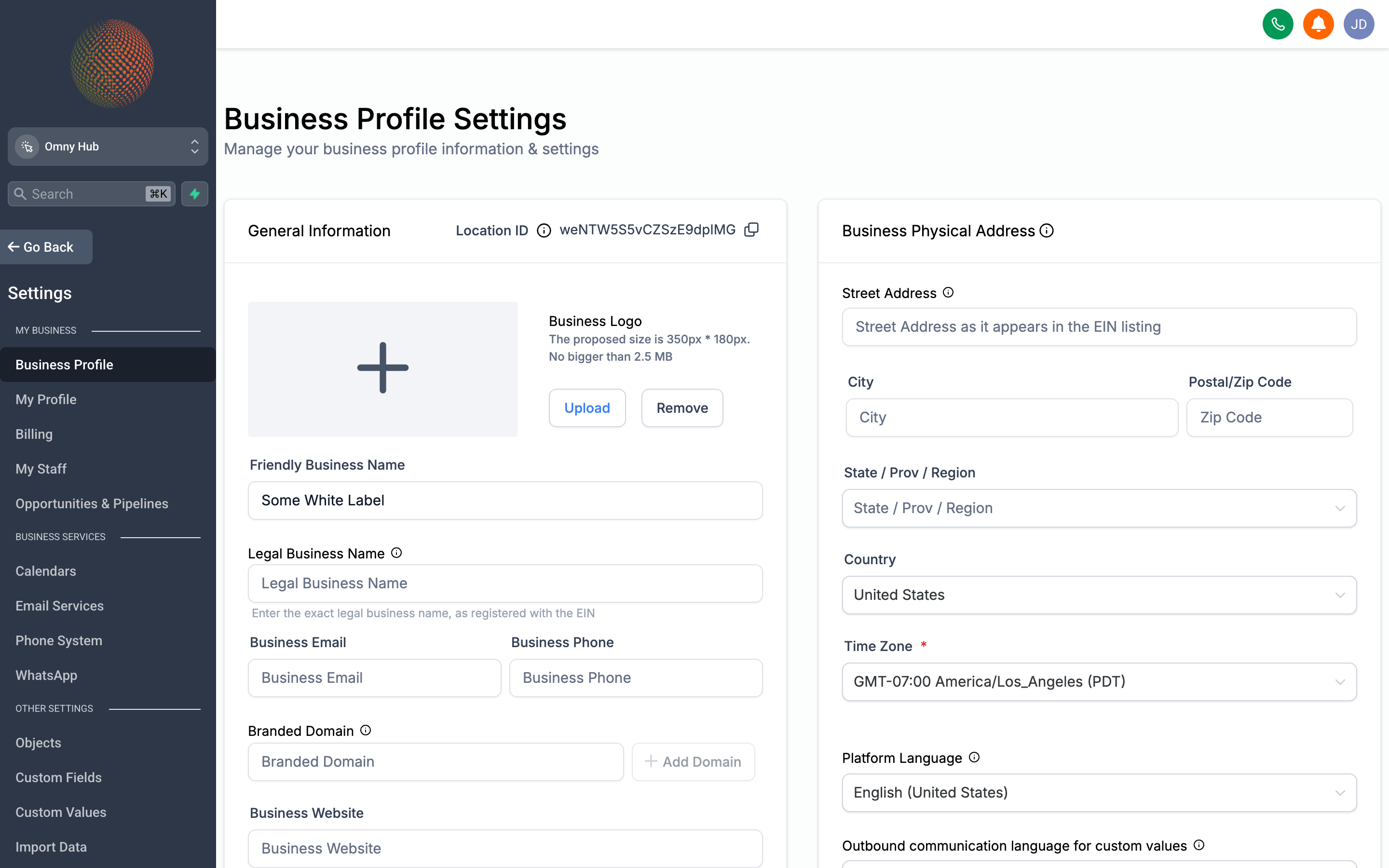 The Business Info settings page showing fields for company name, address, phone, website, and business hours