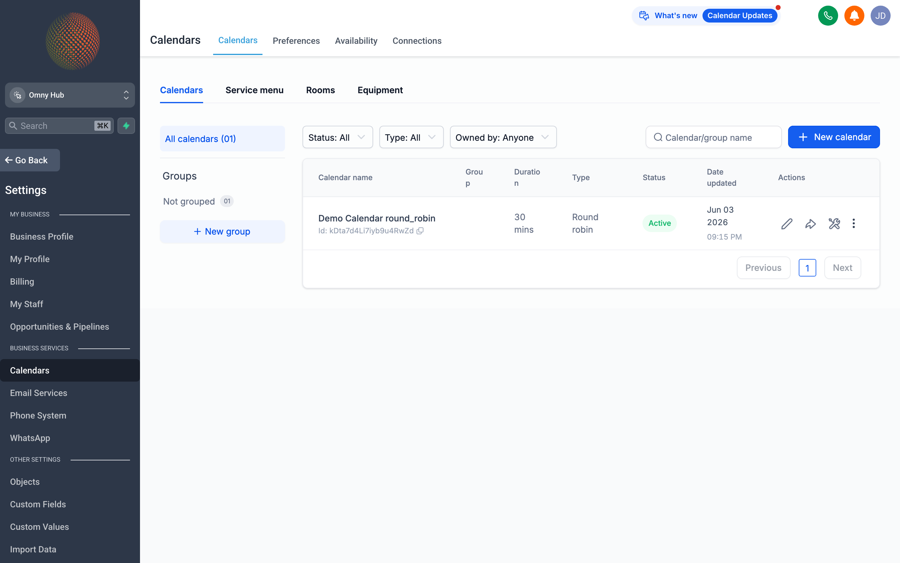 The Calendar Settings page showing availability slots, appointment types, and booking rules