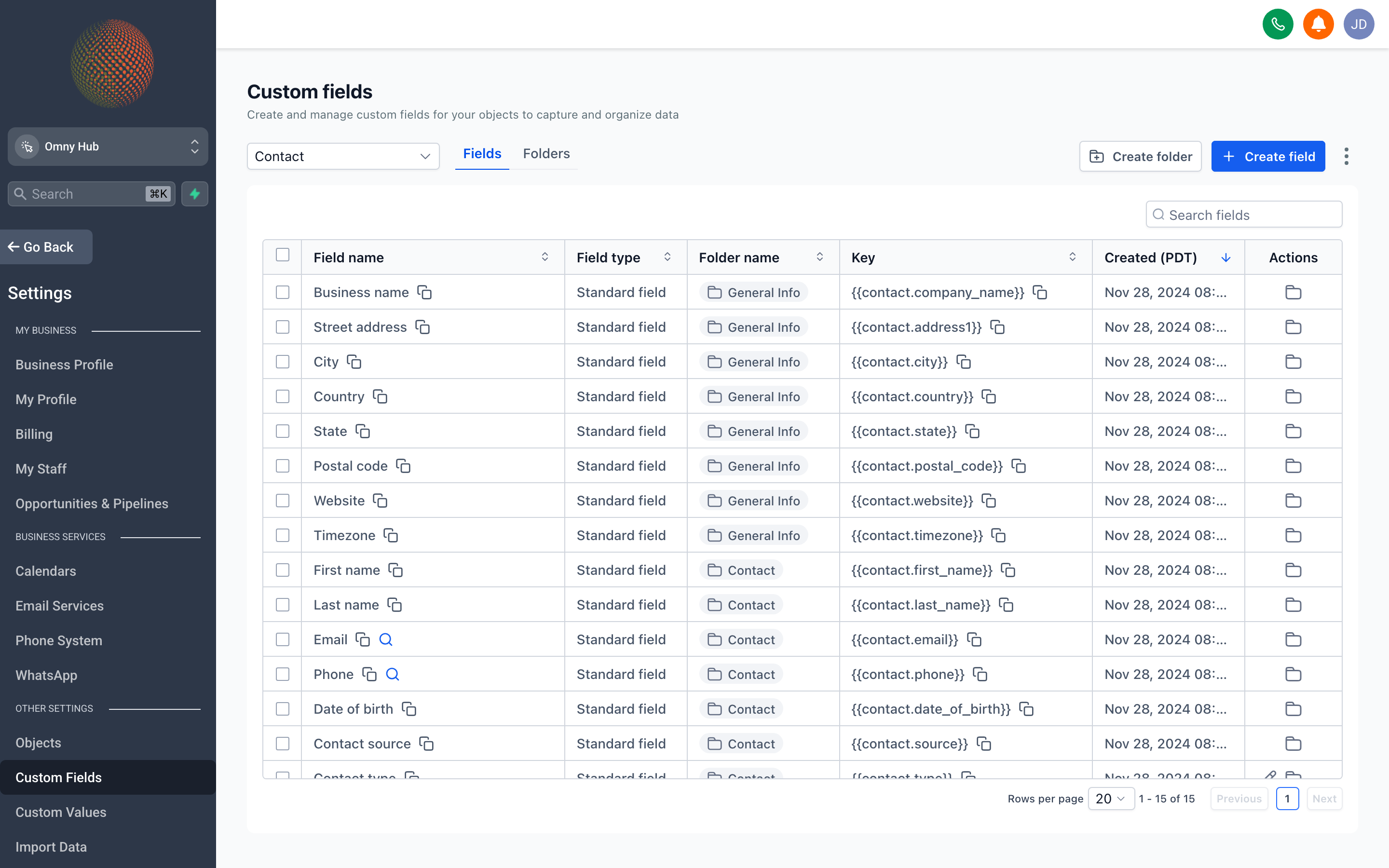 The Custom Fields settings page showing a list of contact fields with their types and labels