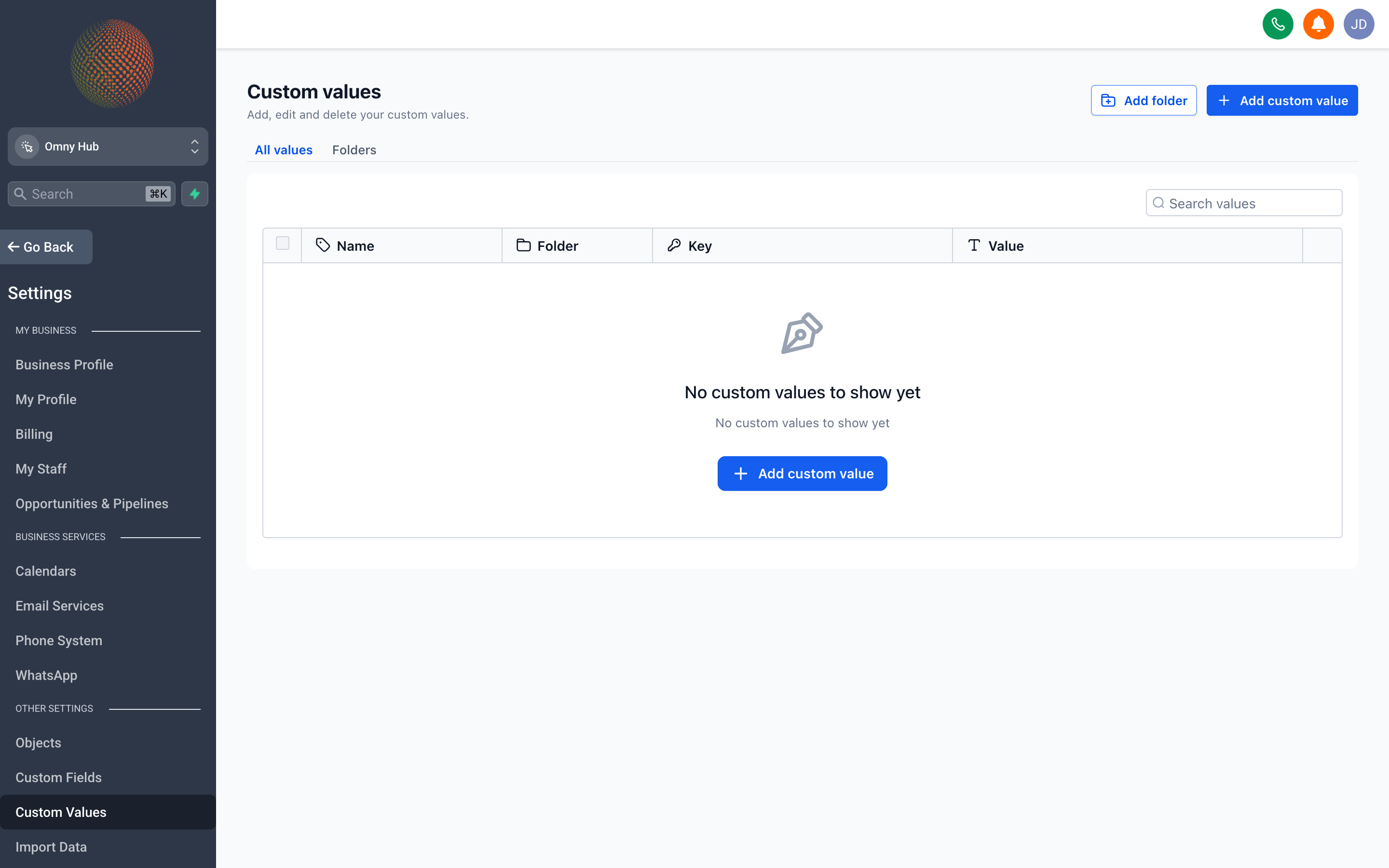 The Custom Values settings page showing a list of reusable variable names and their current values