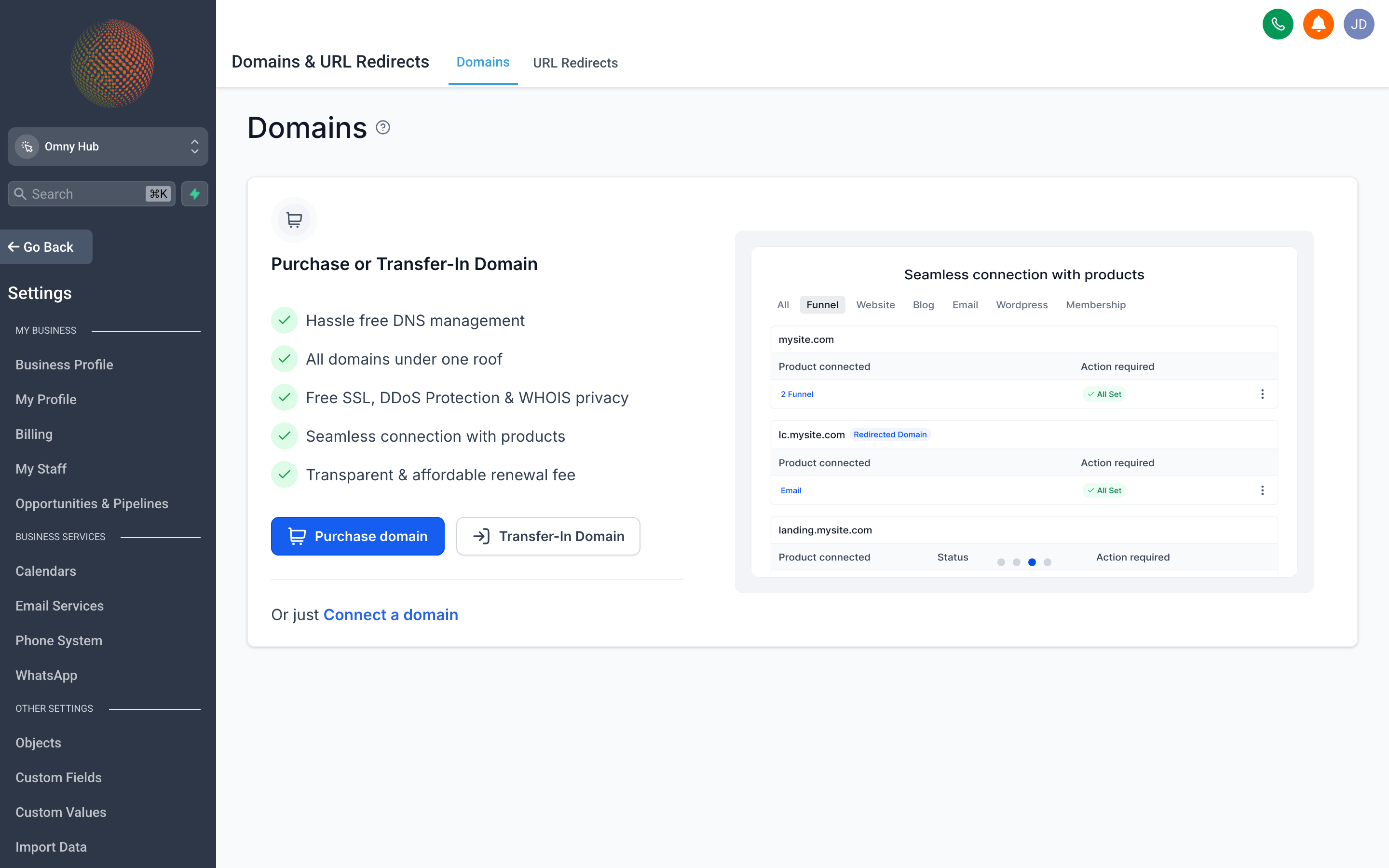 The Domains settings page showing a custom domain connected to the account with SSL status and assignment options