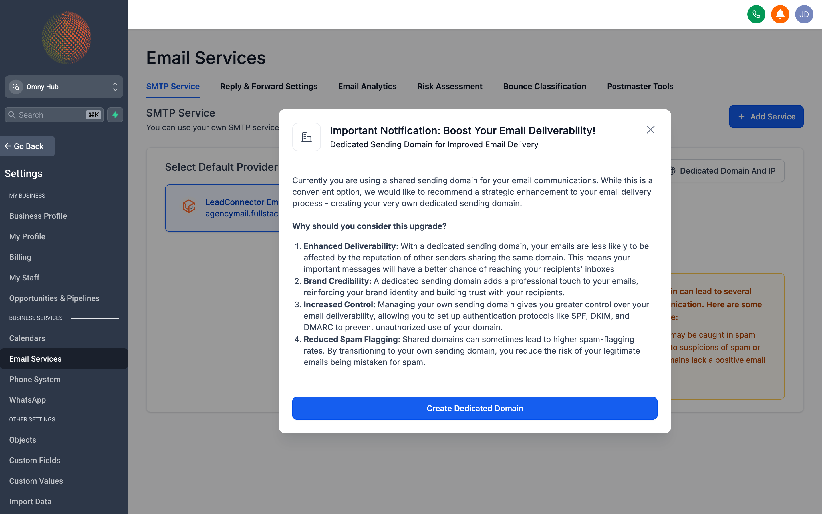 The Email Settings page showing a connected sending domain, DKIM verification status, and SMTP configuration options