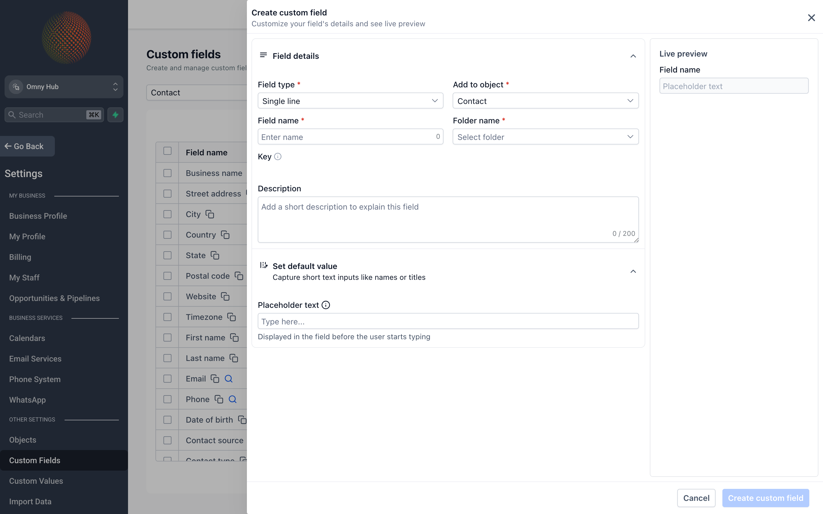 New custom field dialog showing the label input, field type selector, and options for applying the field to contacts or opportunities