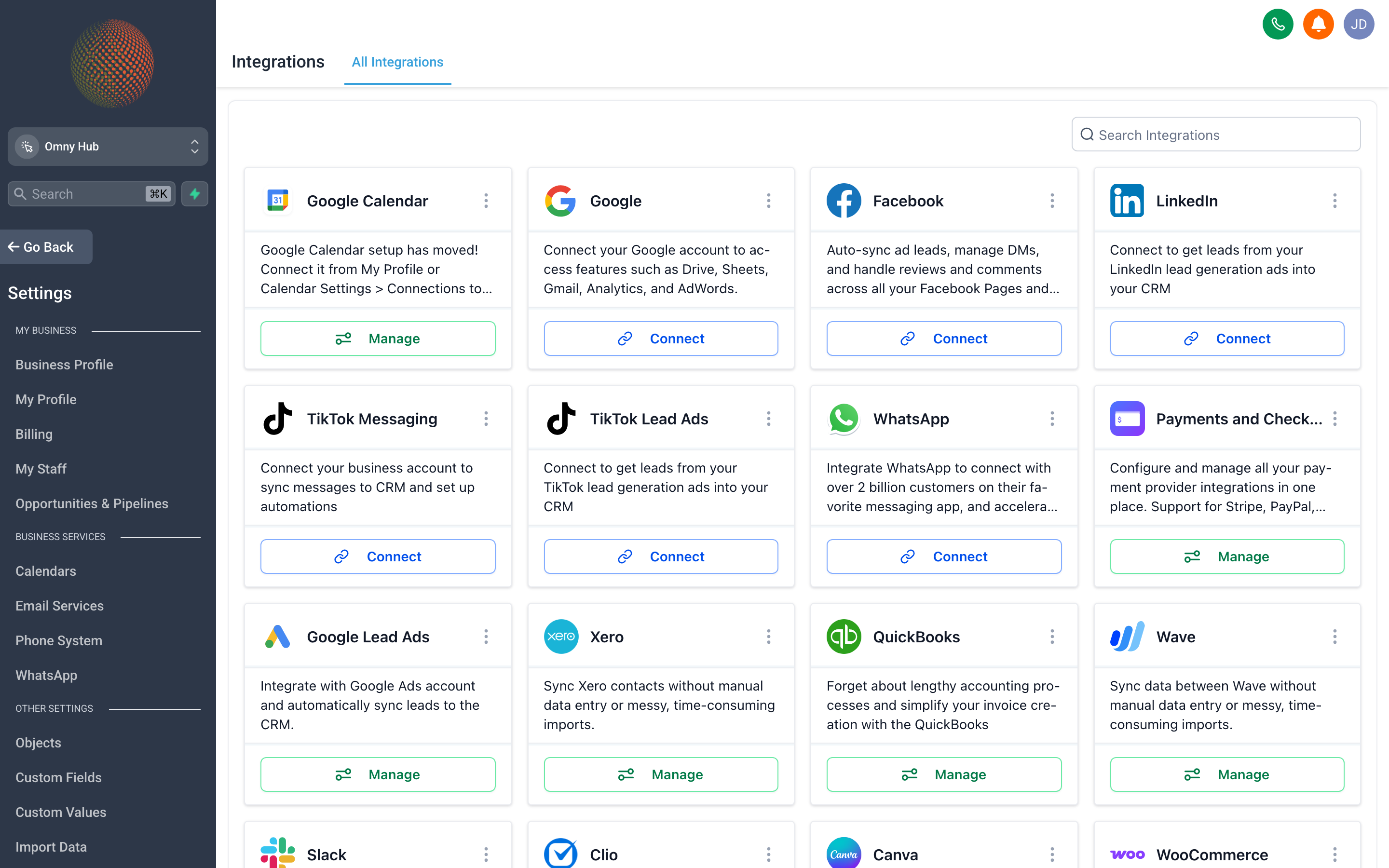 The Integrations settings page showing a grid of available app integrations with connection status indicators