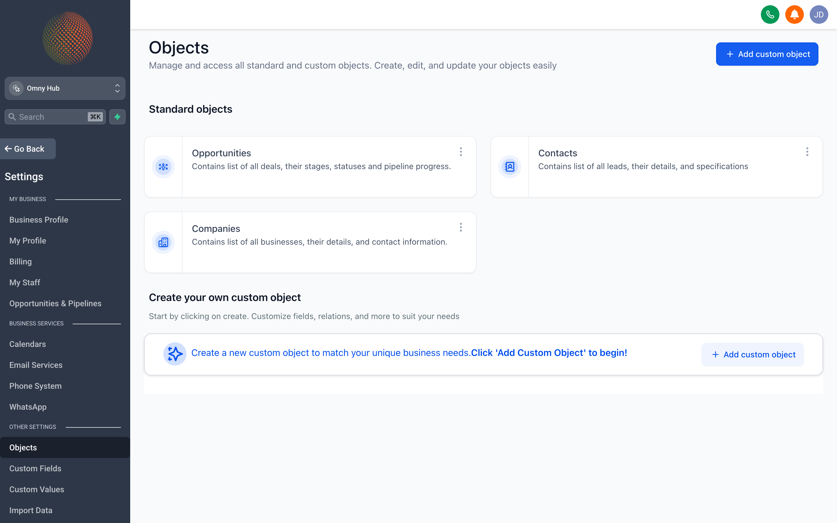 The Custom Objects settings page showing a list of object types with their fields and relationship definitions