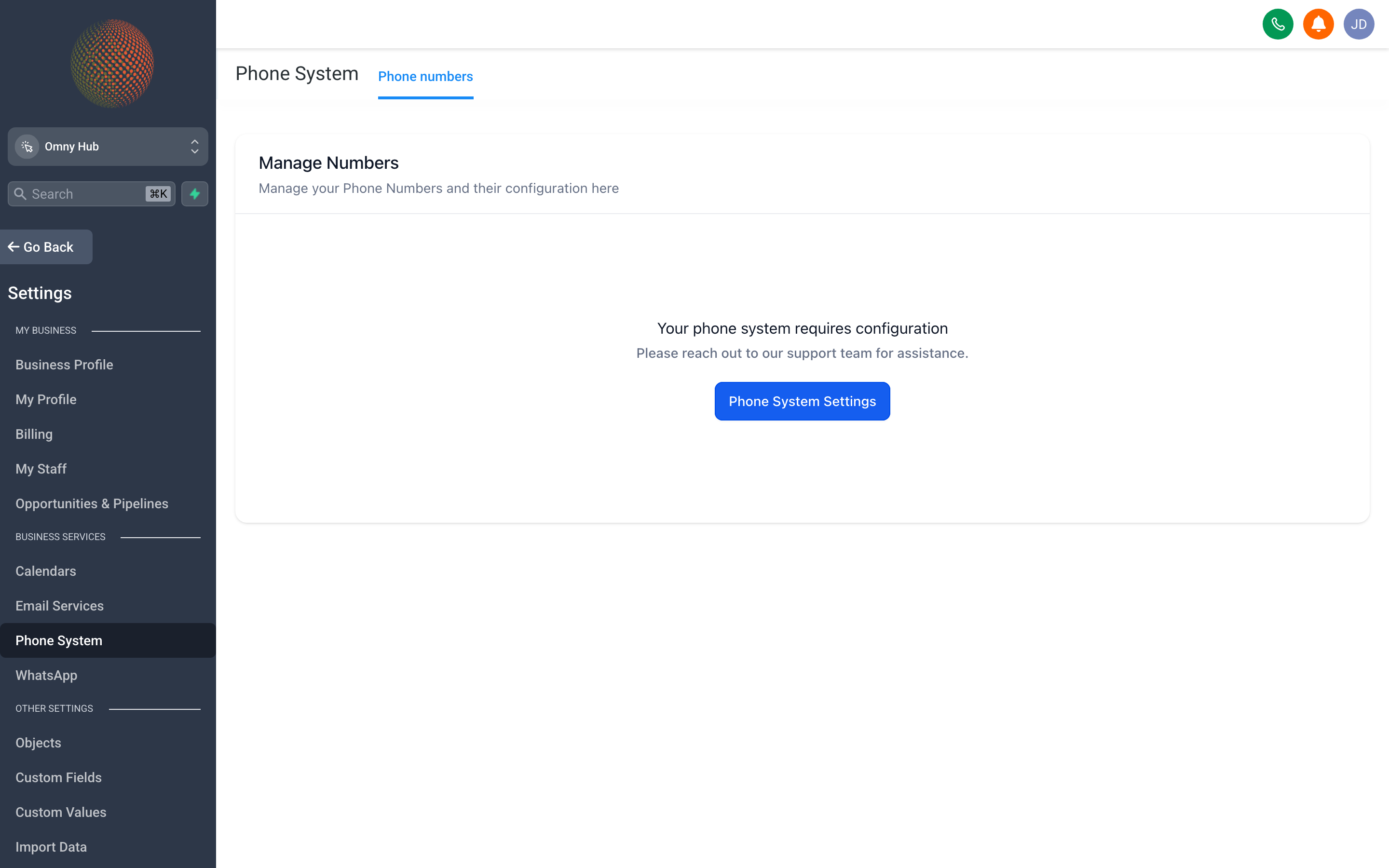 The Phone Settings page showing a list of purchased phone numbers with their capabilities and assignment status