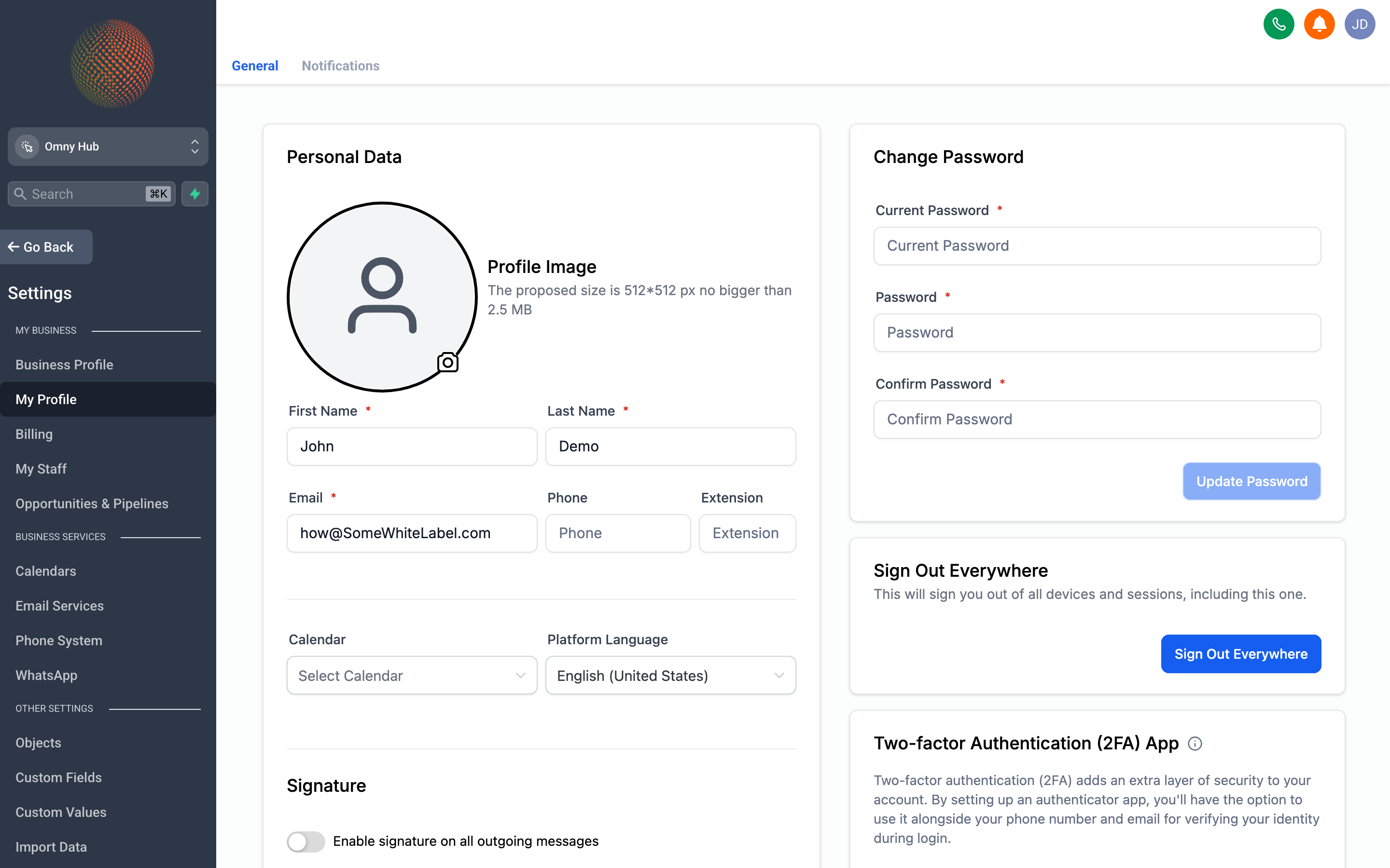 The My Profile page with fields for name, email, password, notification preferences, and email signature