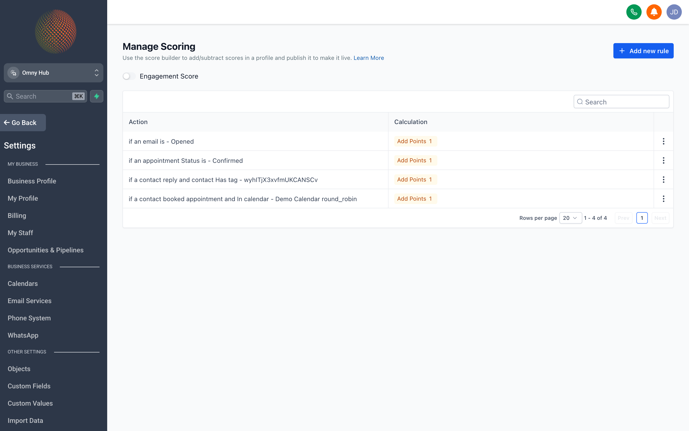 The Lead Scoring settings page showing scoring rules with point values assigned to contact actions and attributes