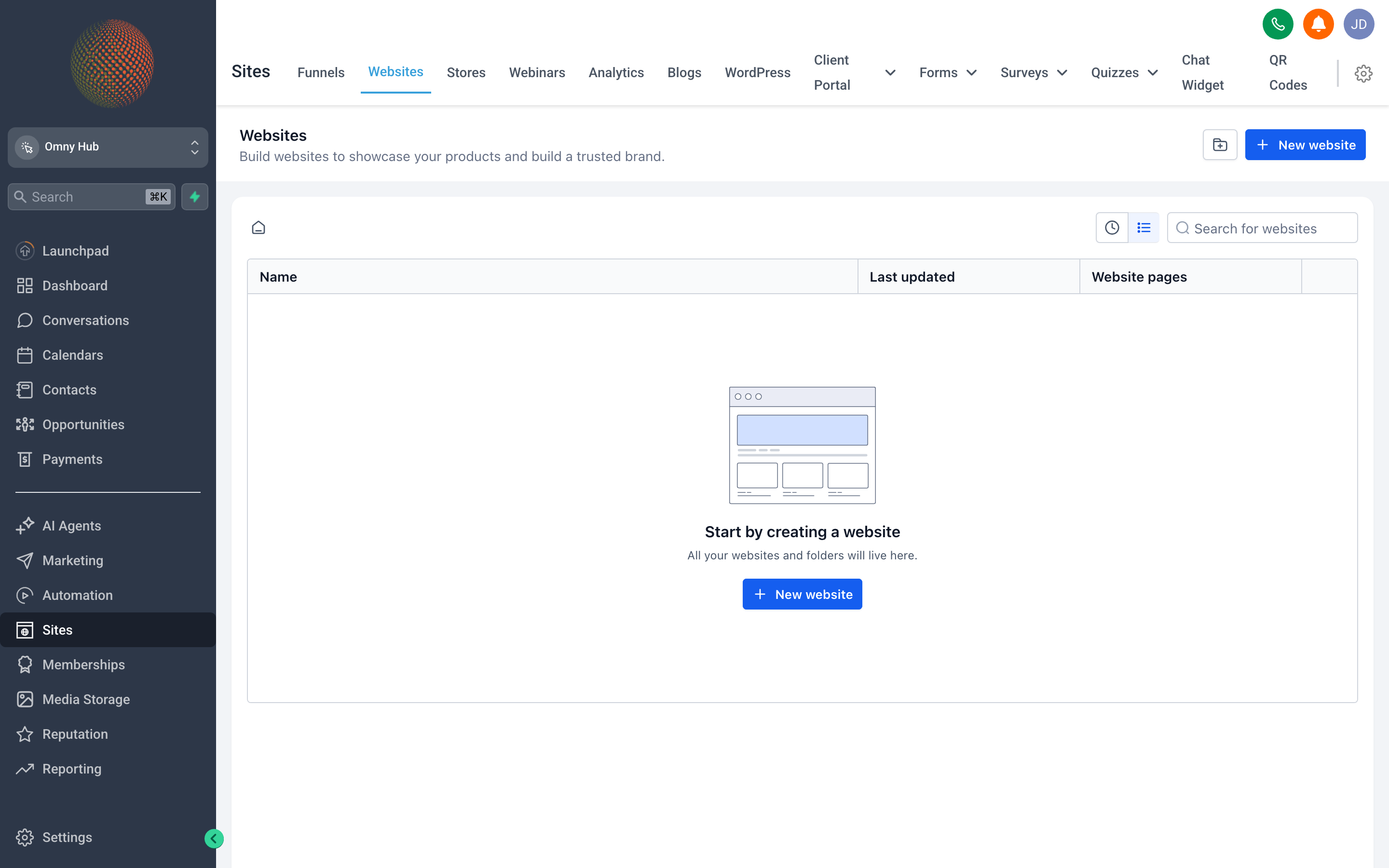 The Websites builder showing a multi-page website with navigation, hero section, and page management sidebar